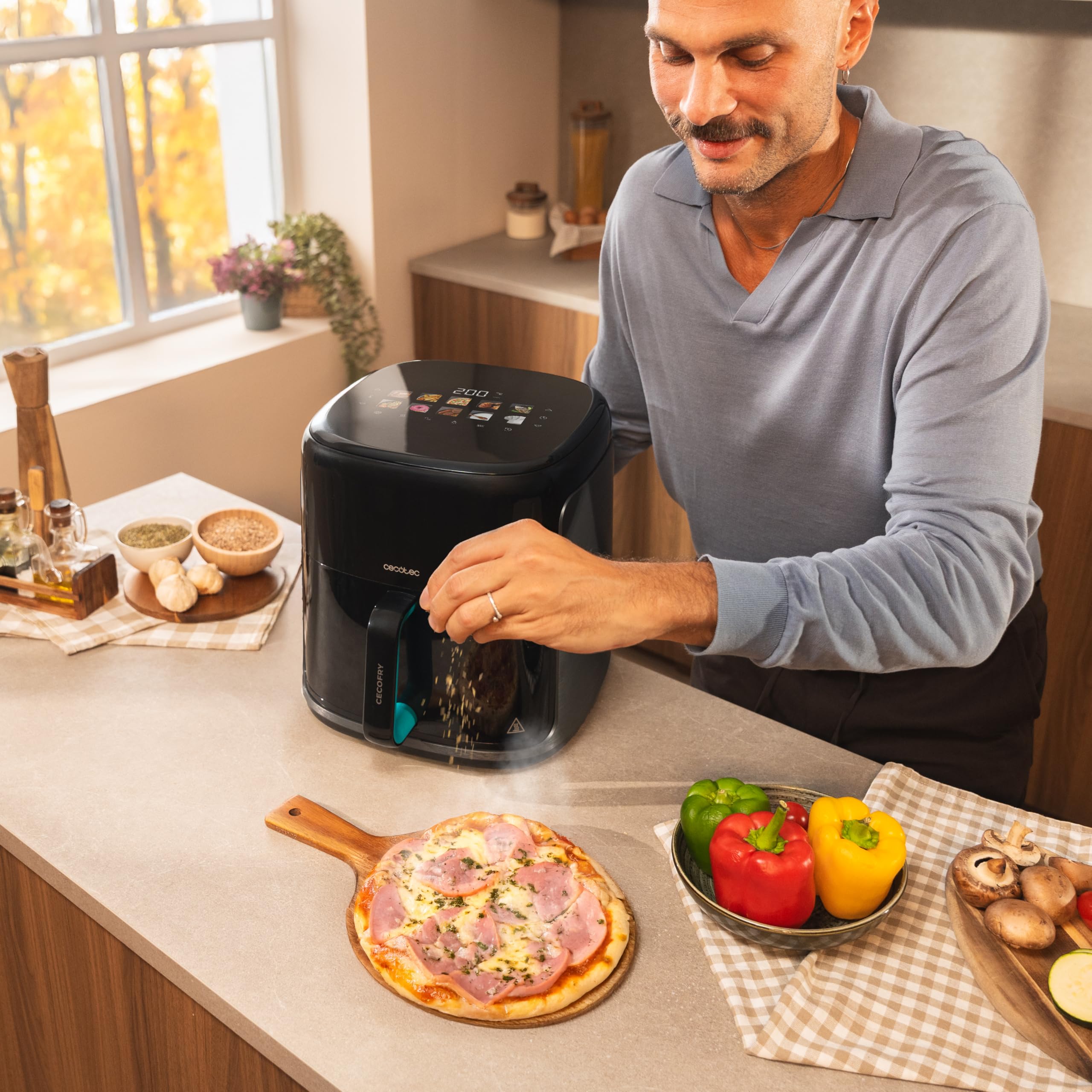 Cecotec Freidora de Aire sin Aceite 6,5L Plancha Grill con 4 Resistencias Ahumador Integrado Air Fryer Cecofry&Grill Smokin'Prime 6500. 2200W, Pared Divisoria Móvil, 40-20ºC, 10 Menús