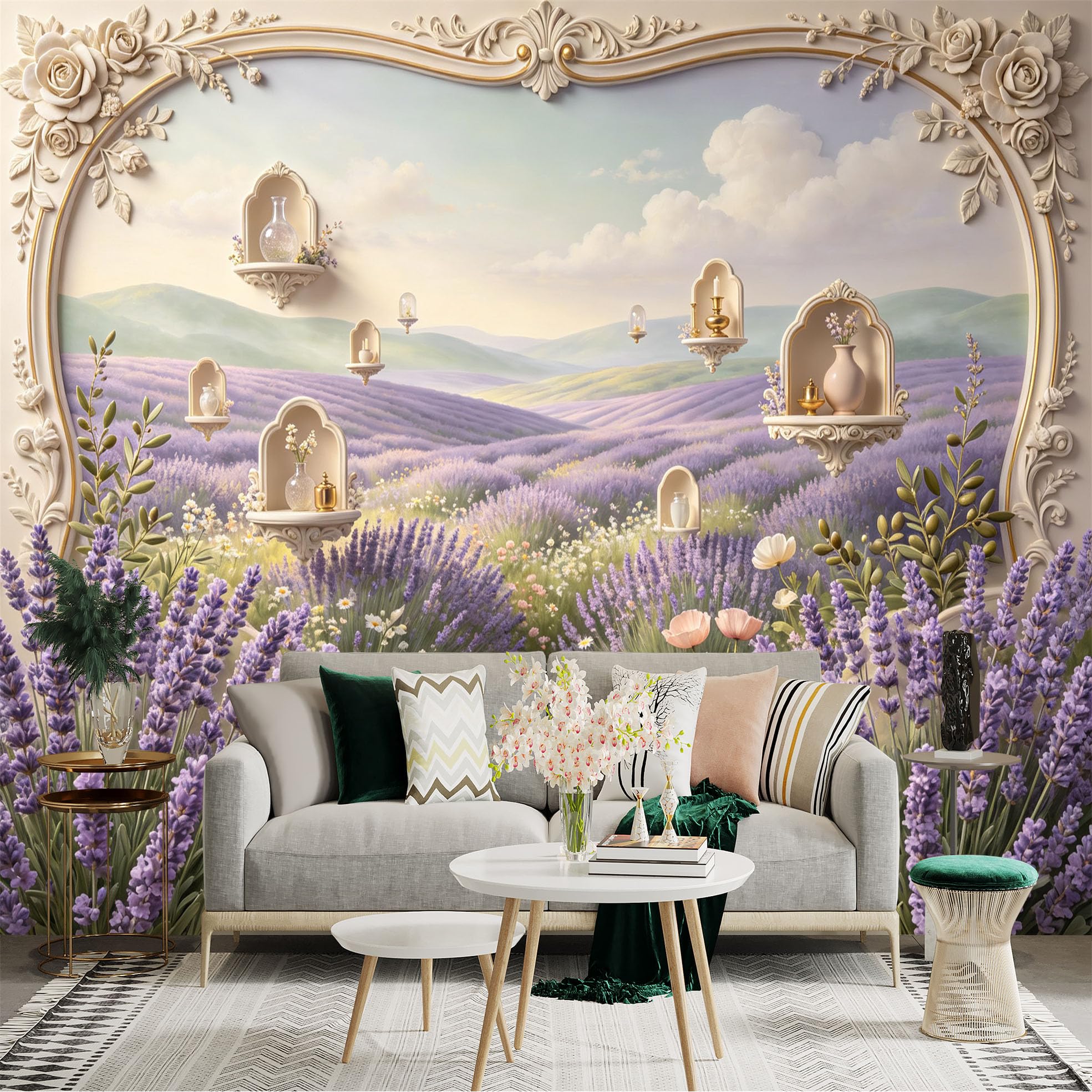 Lnzczhyre Bh260719693 Custom Size Wall Sticker Mural， Lavender Fields， Floral Archway， Decorative Wall Niches， Aesthetic Countryside Landscape， For Wall Decoration， Peelandstick Wall Decals.