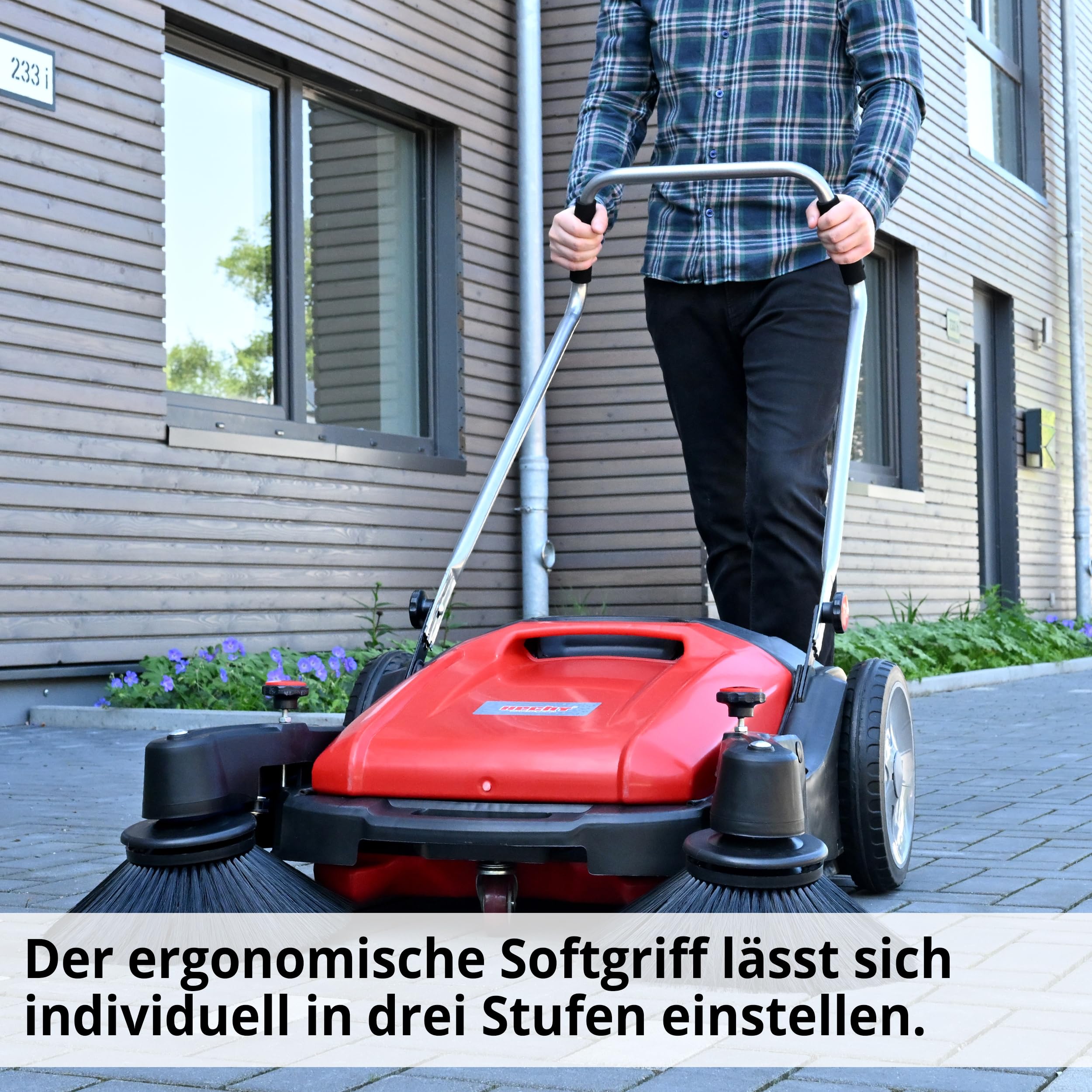 HECHT Kehrmaschine – 105 cm Arbeitsbreite – 350 mm Bürsten – 48 l Auffangbehälter – Kehrmaschine manuell – für große außen Flächen zum Laub, Schmutz & Kies beseitigen