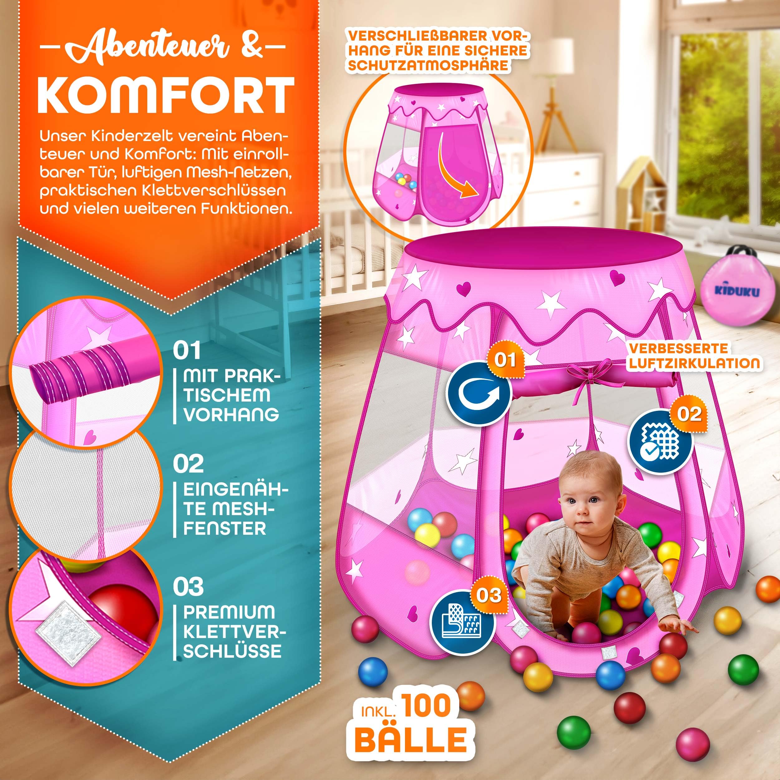 KIDUKU® Tenda da gioco per bambini pop up + 100 palline + borsa per interni ed esternim (Rosa)