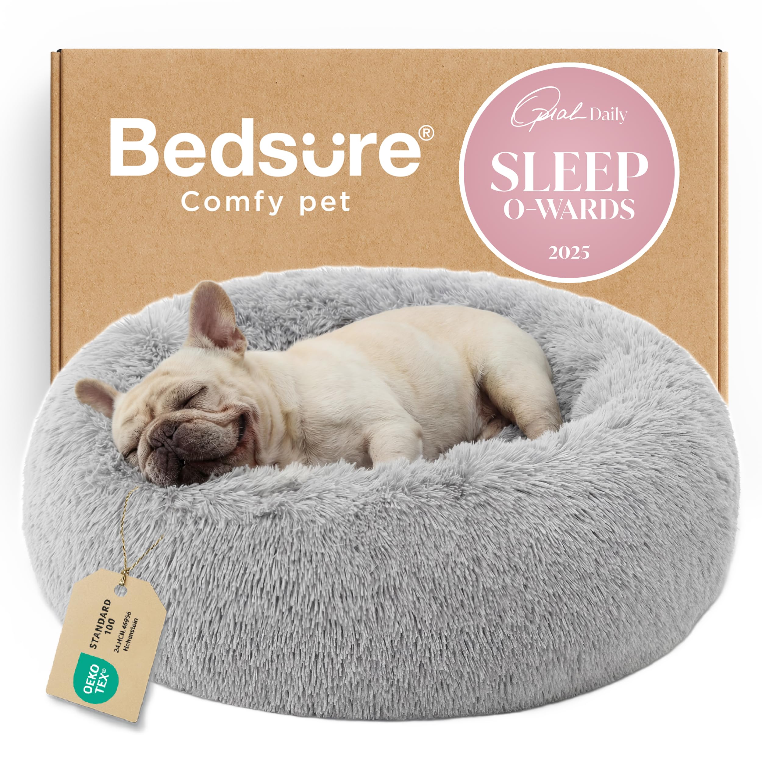 Bedsure Calming Dog Bed for Medium Dogs - Donut Washable Medium Pet Bed, 30 inches Anti-Slip Round Fluffy Plush Faux Fur Cat Bed, Fits up to 45 lbs Pets, Pale Grey