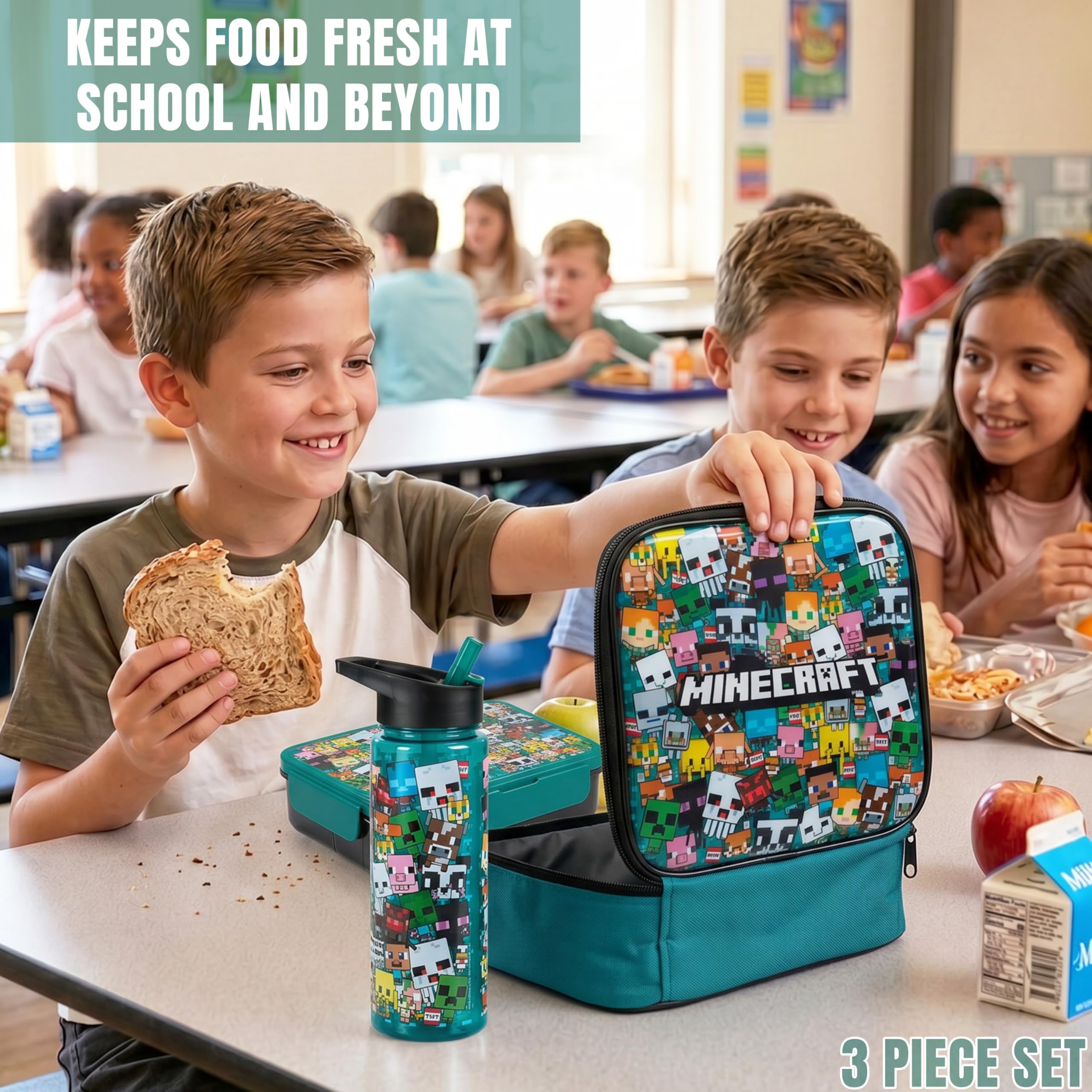 Get Trend Minecraft Zestaw izolowanych toreb na lunch dla dzieci, 3 szt., lekkie pudełko na lunch Bento, 600 ml, bez BPA, ze słomką i torbą chłodzącą, przybory szkolne, prezenty dla chłopców, graczy