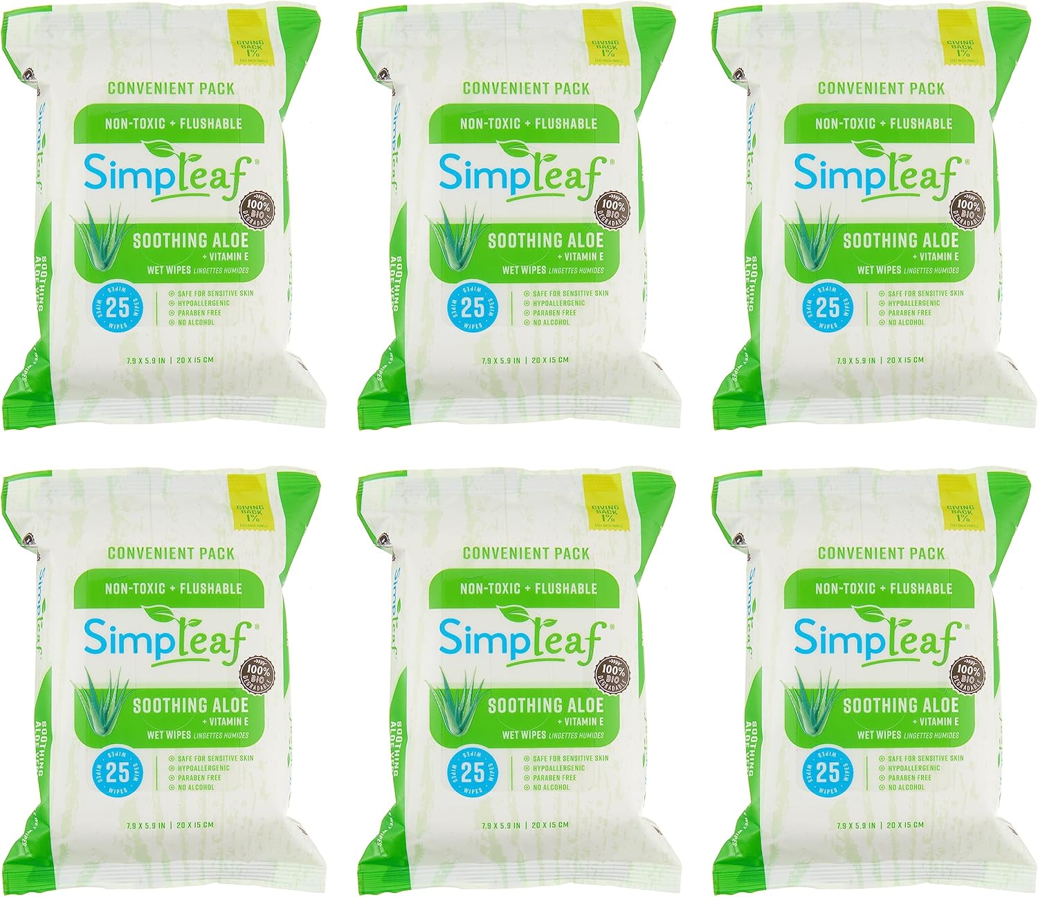 Simpleaf Flushable Wet Wipes Aloe Vera| Eco-Friendly, Paraben & Alcohol Free | Hypoallergenic & Safe for Sensitive Skin | Soothing Aloe Formula | (6 x 25 Counts Convenient Pack) 150 Counts Total