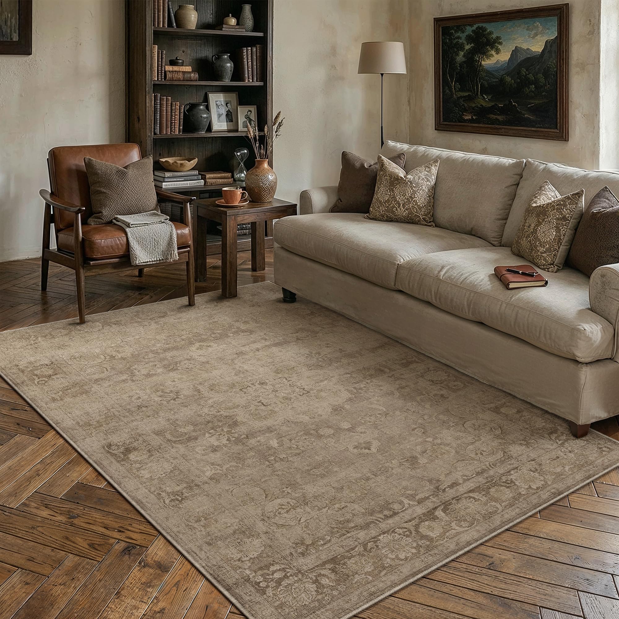 PureCozy Brown Area Rug 5x7 Washable Vintage Living Room Office Carpet Non Slip Soft Low Pile Distressed Medallion Indoor Floor Retro Throw Rug for Kitchen Bedroom Dining Room — image 1