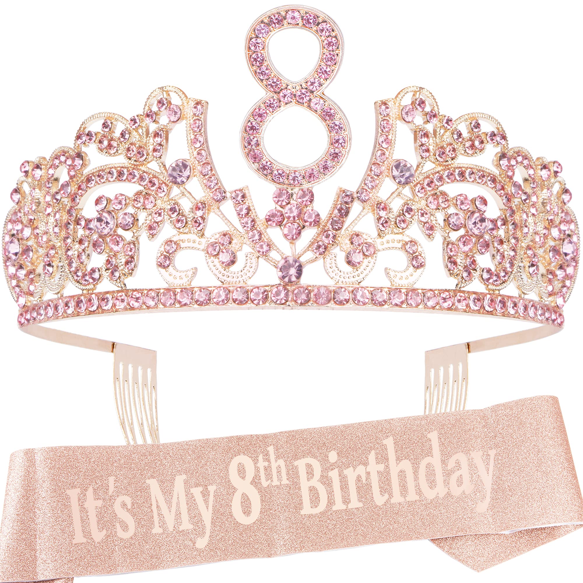 VeryMerryMakering 8th Birthday Sash and Tiara for Girls - Fabulous Glitter Sash + Flowers Rhinestone Pink Premium Metal Tiara for Girls, 8th Birthday Gifts for Princess Party