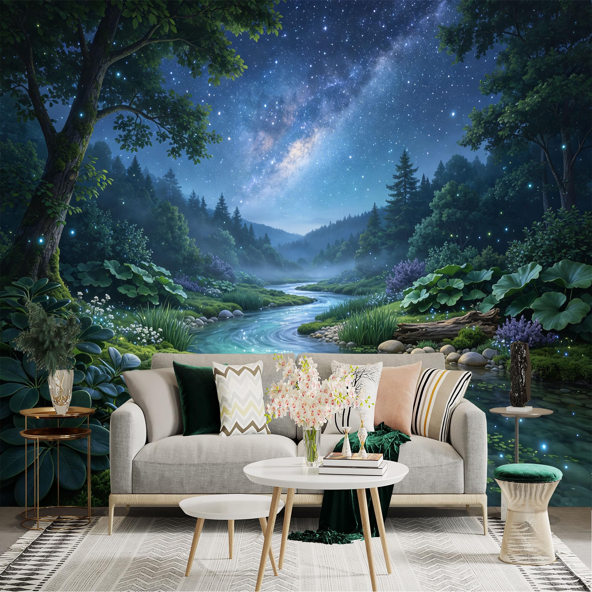 Lnzczhyre Bh260719250 Custom Size Wall Sticker Mural， Enchanted River Landscape， Milky Way Night Sky， Glowing Fireflies， Lush Mossy Forest， For Wall Decoration， Peelandstick Wall Decals.