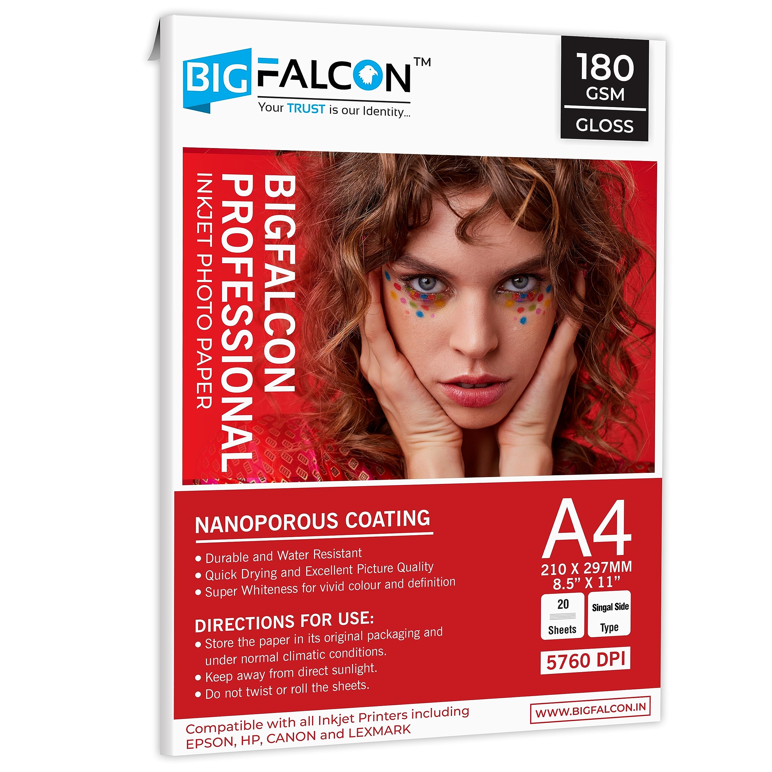 BIGFALCON Professional 180 GSM A4 Size (8.5x11 inch) Glossy Cast Coated Inkjet Photo Paper 20 Sheets for all Inkjet Printer
