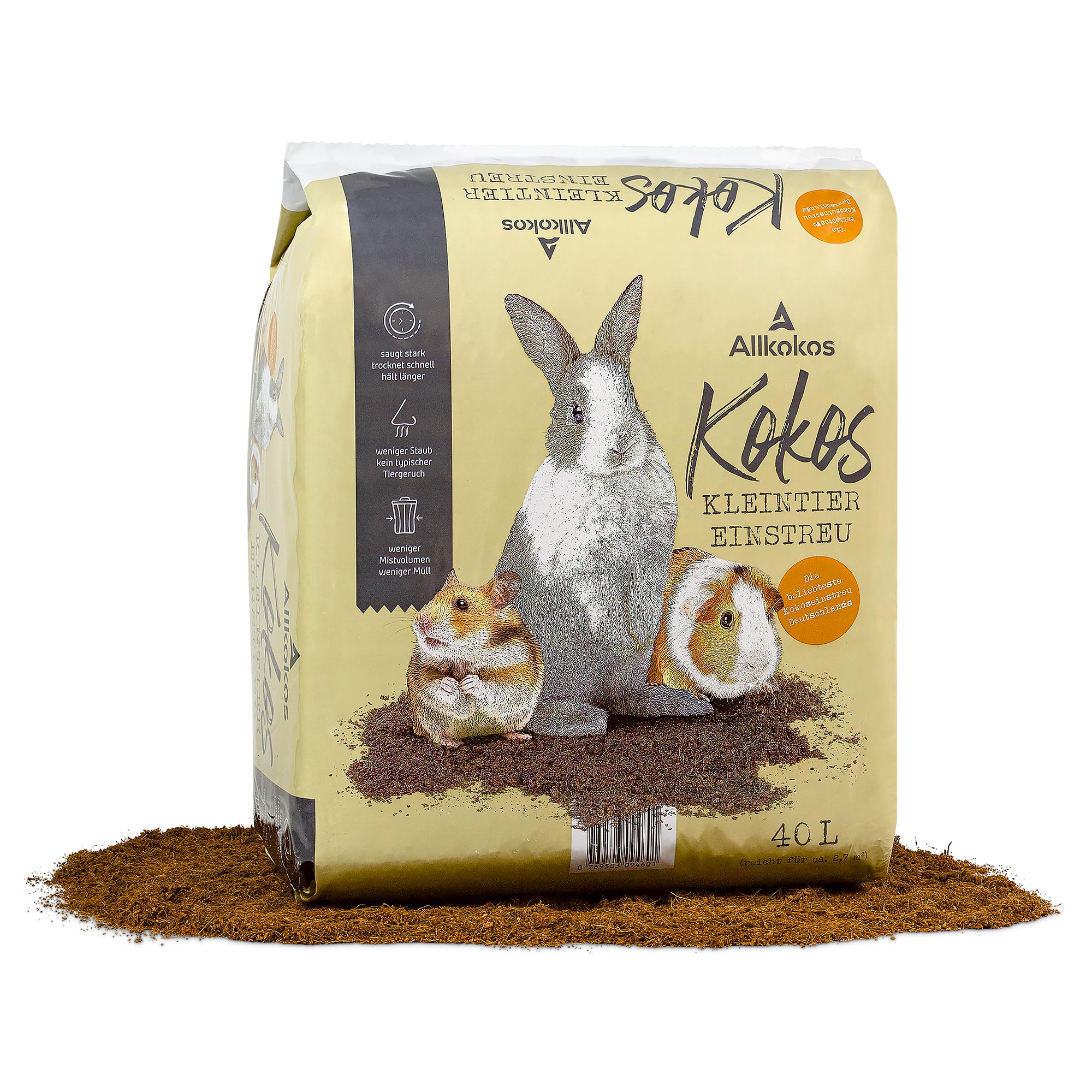 Allkokos Einstreu aus 100% Kokosfasern – Kleintiereinstreu staubfrei, geruchsbindend und sanft zu Pfoten – perfekt als Streu für Hamster, Kaninchen, Meerschweinchen UVM. (3x40 Liter)