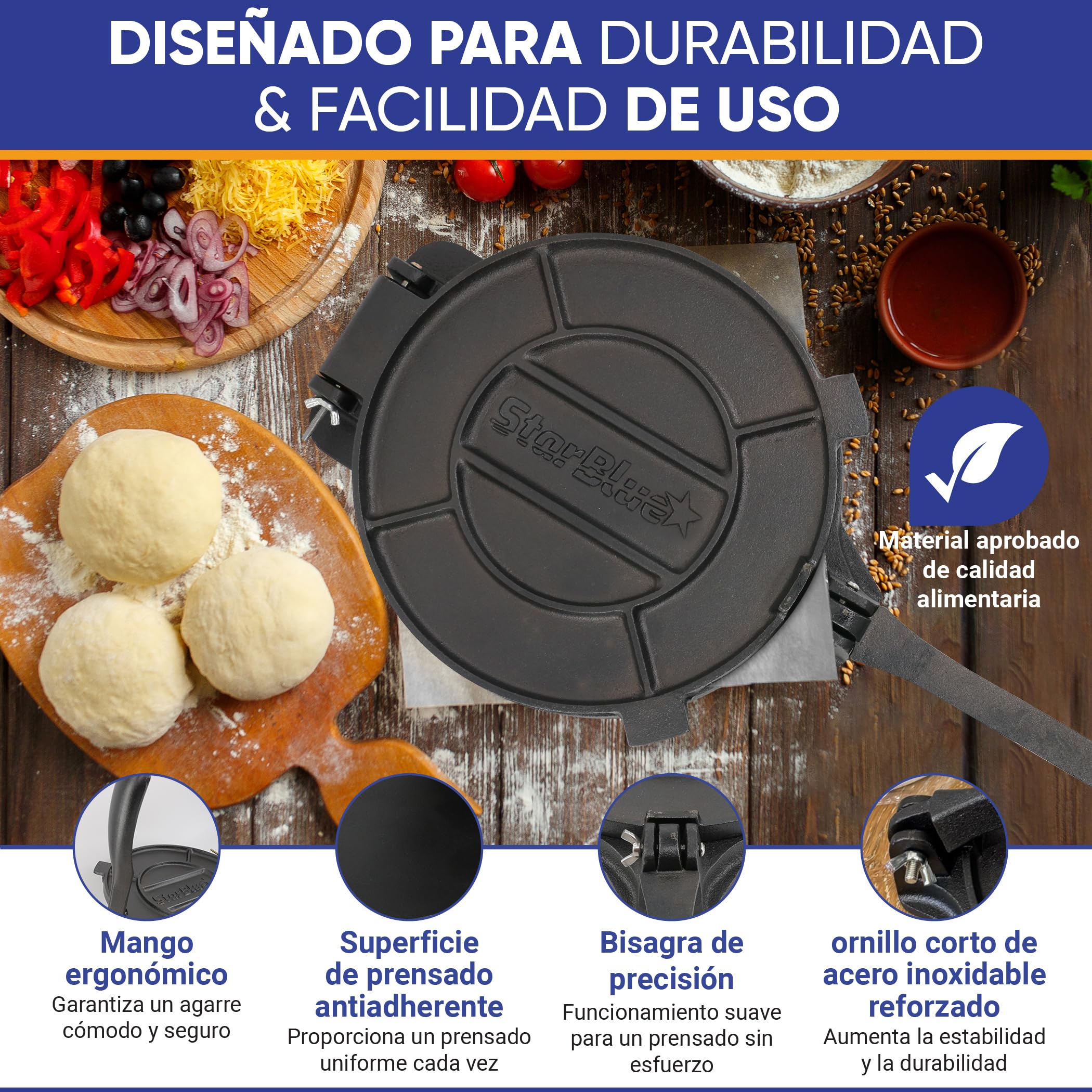 StarBlue - Prensa Para Tortillas En Hierro, 25 Cm De Diámetro, 100 Piezas De Papel Engrasado Y Libro Electrónico De Recetas, Ideal Para Hacer Chapatis, Tortillas Y Rotis Indios