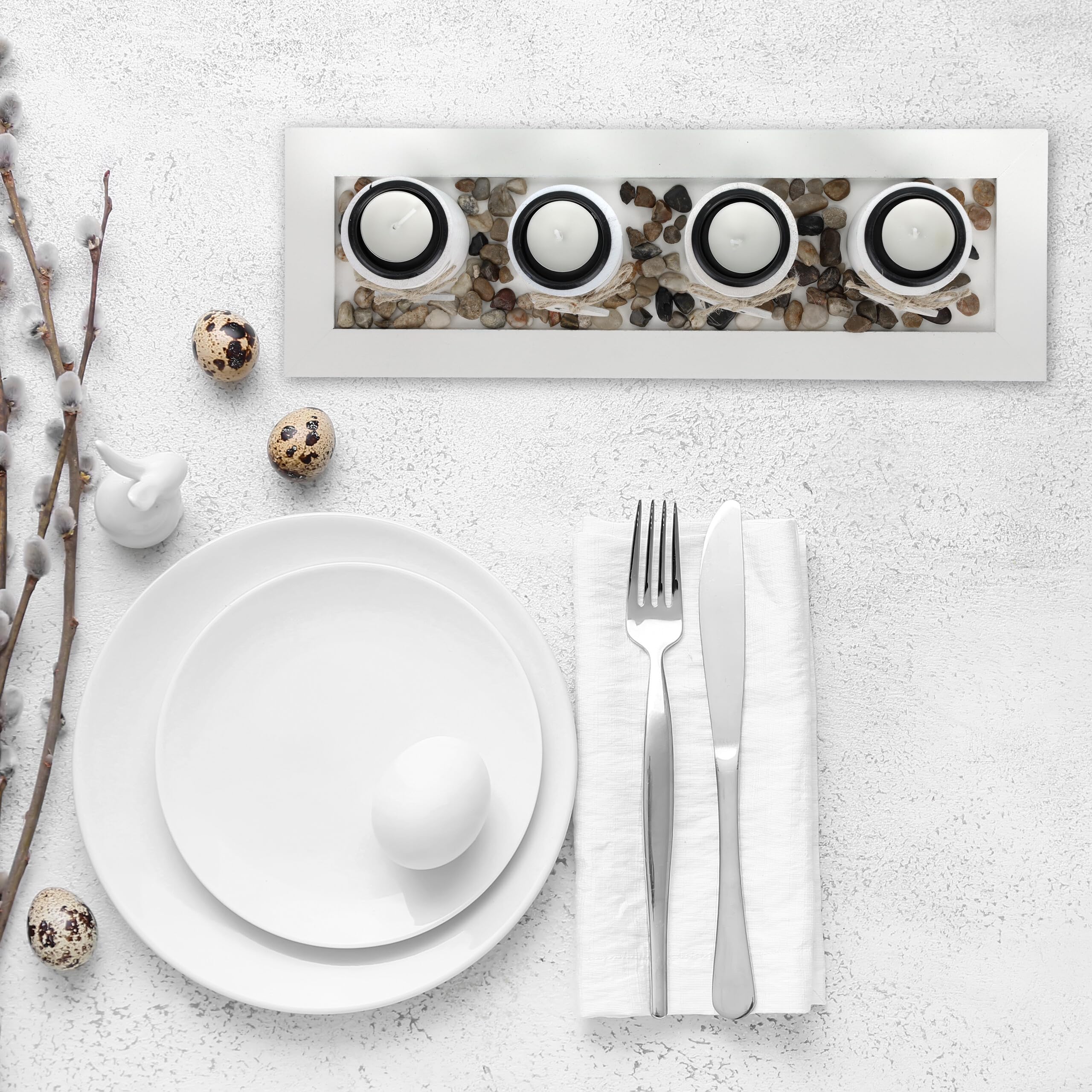 Relaxdays Portacandele Decorativo con Vassoio e Pietre, Lungo 39,5 cm, Decorazione per Tavolino e Soggiorno, Bianco