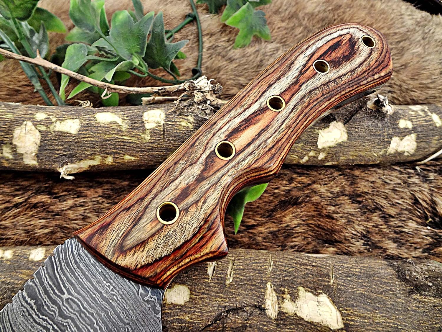 13" Long Hand Forged Twist Pattern Full Tang Damascus Steel Tracker Knife, 2 Tone Black Dollar Wood with Holes Scale, Cow Leather Sheath (Brown Wood)