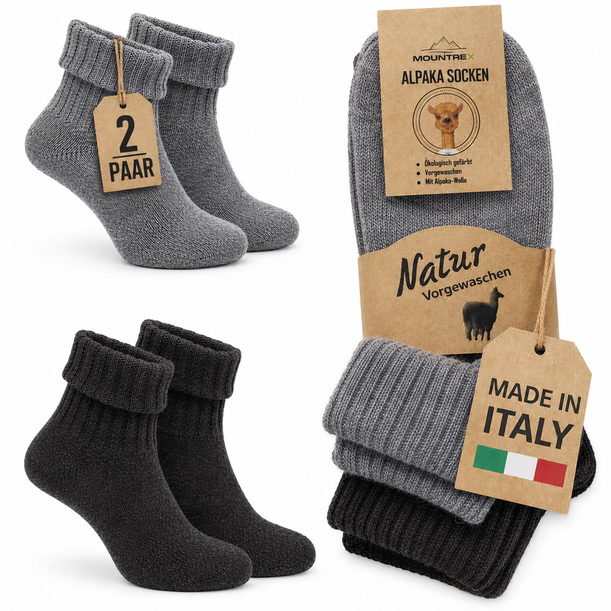 MOUNTREX® Alpaka Socken, Wollsocken für Damen und Herren - Wintersocken, Warme Haussocken, Thermosocken - Dünn - Kuschelsocken - 2 Paar