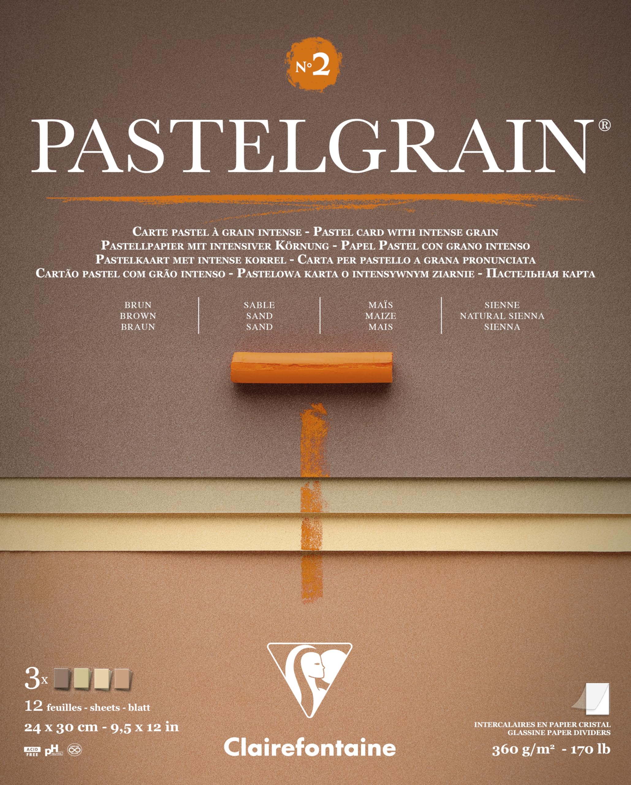 Clairefontaine 976061C PastelGrain Glued Pad No. 2-12 Sheets Special Card for Dry Pastels, 24x30 cm 360g