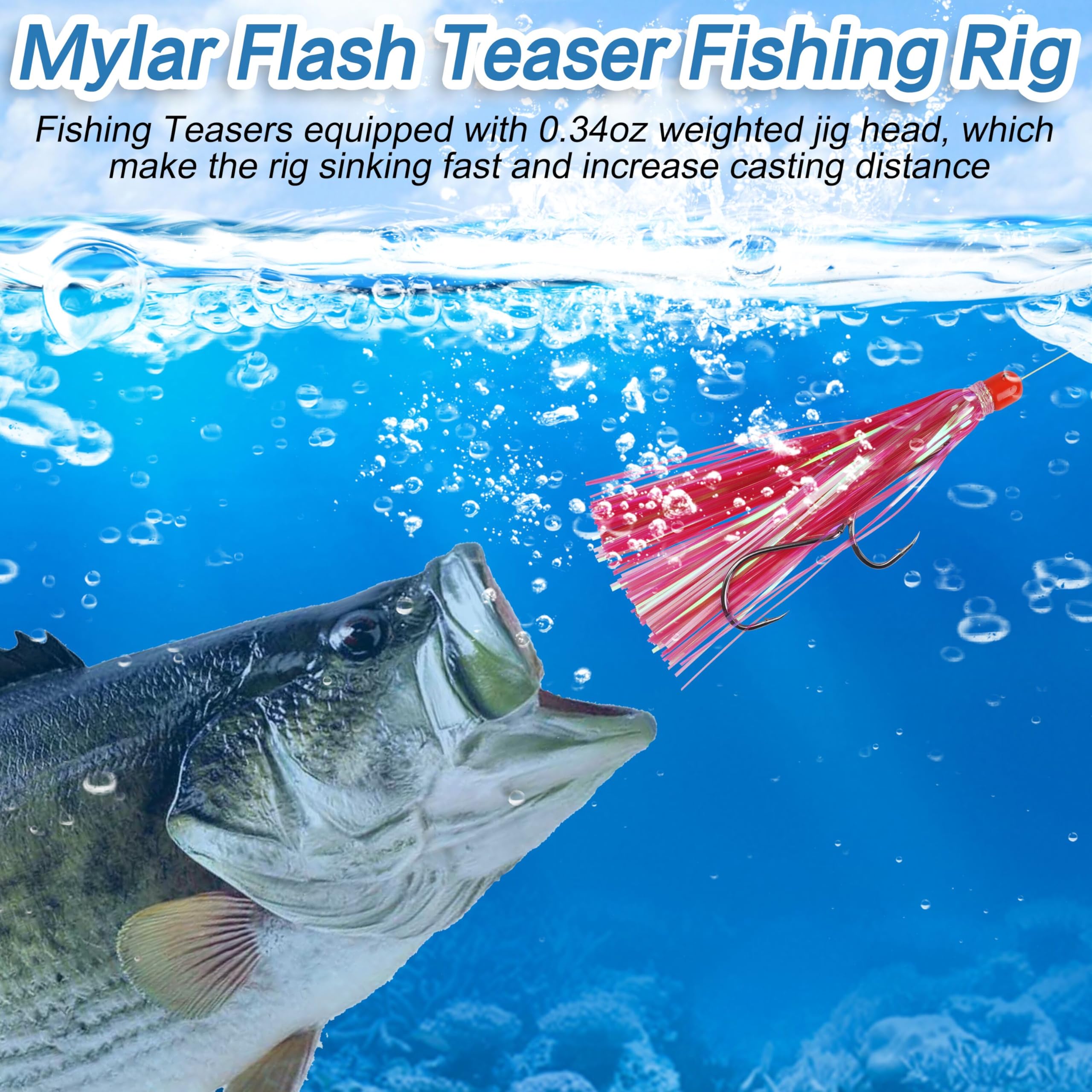 Mylar - Señuelos de cola de mylar con tiras de mylar, faldas de pesca de Mylar, señuelos de pesca, cebos de pesca, cabeza de plomo, 9.9 g con faldas de flash de Mylar