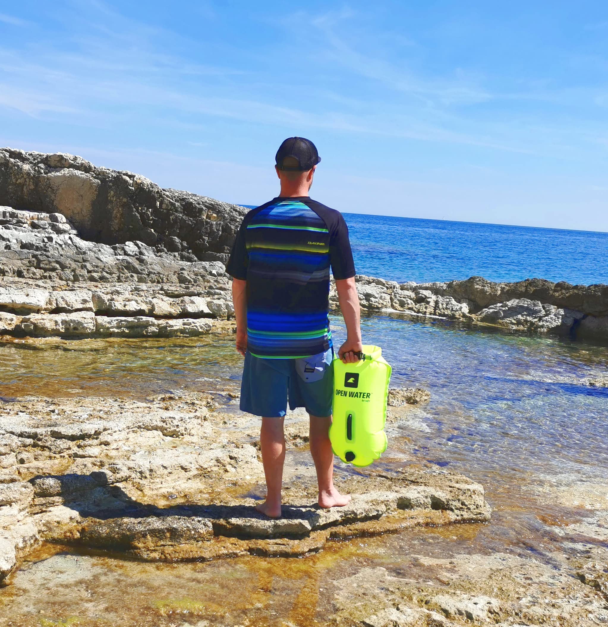 OPENWATER Bouée de natation gonflable XL - grande bouée de sécurité avec une poche pour les choses 28L vert fluo