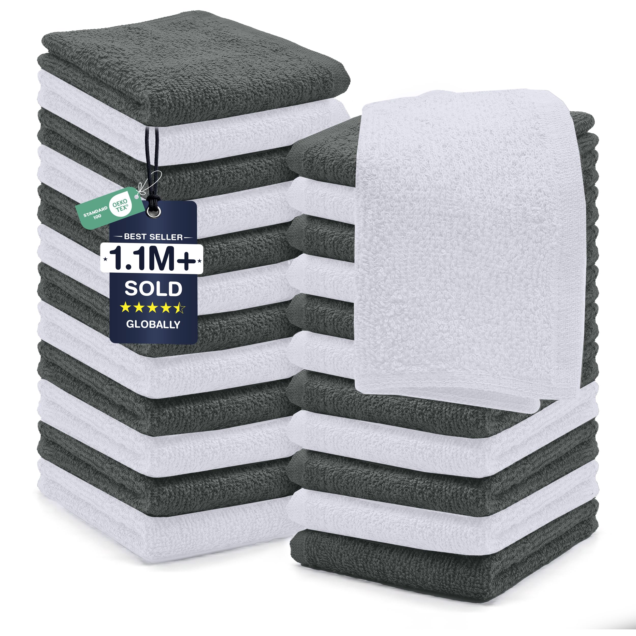 DAN RIVER 24 Pack Cotton Wash Cloths Set for Showering [12x12] Grey White