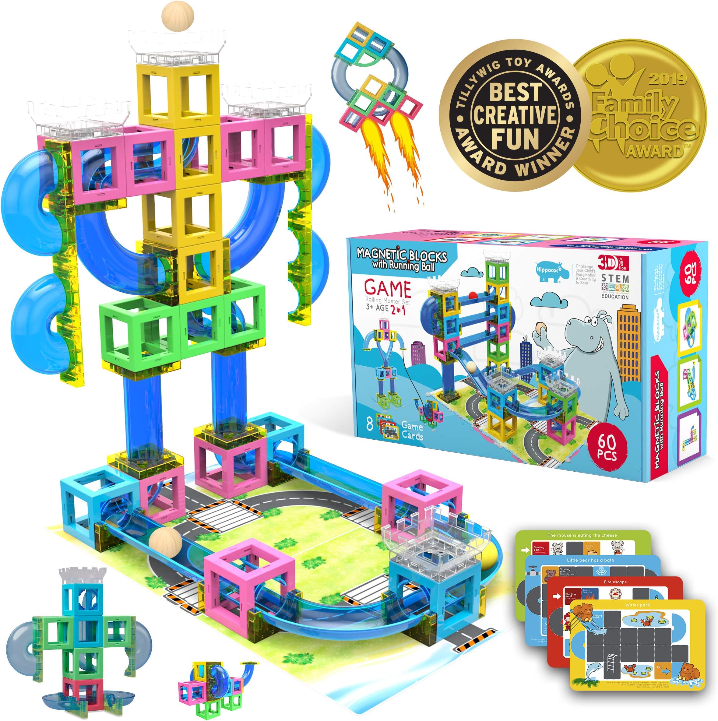 Magnetic 3D Building Blocks with Marble Run Game: New Innovative STEM Educational Toy for Boys/Girls, Durable, Sturdy & Safe Construction Set, Promote Kids Creativity & Imagination (60 PCS)