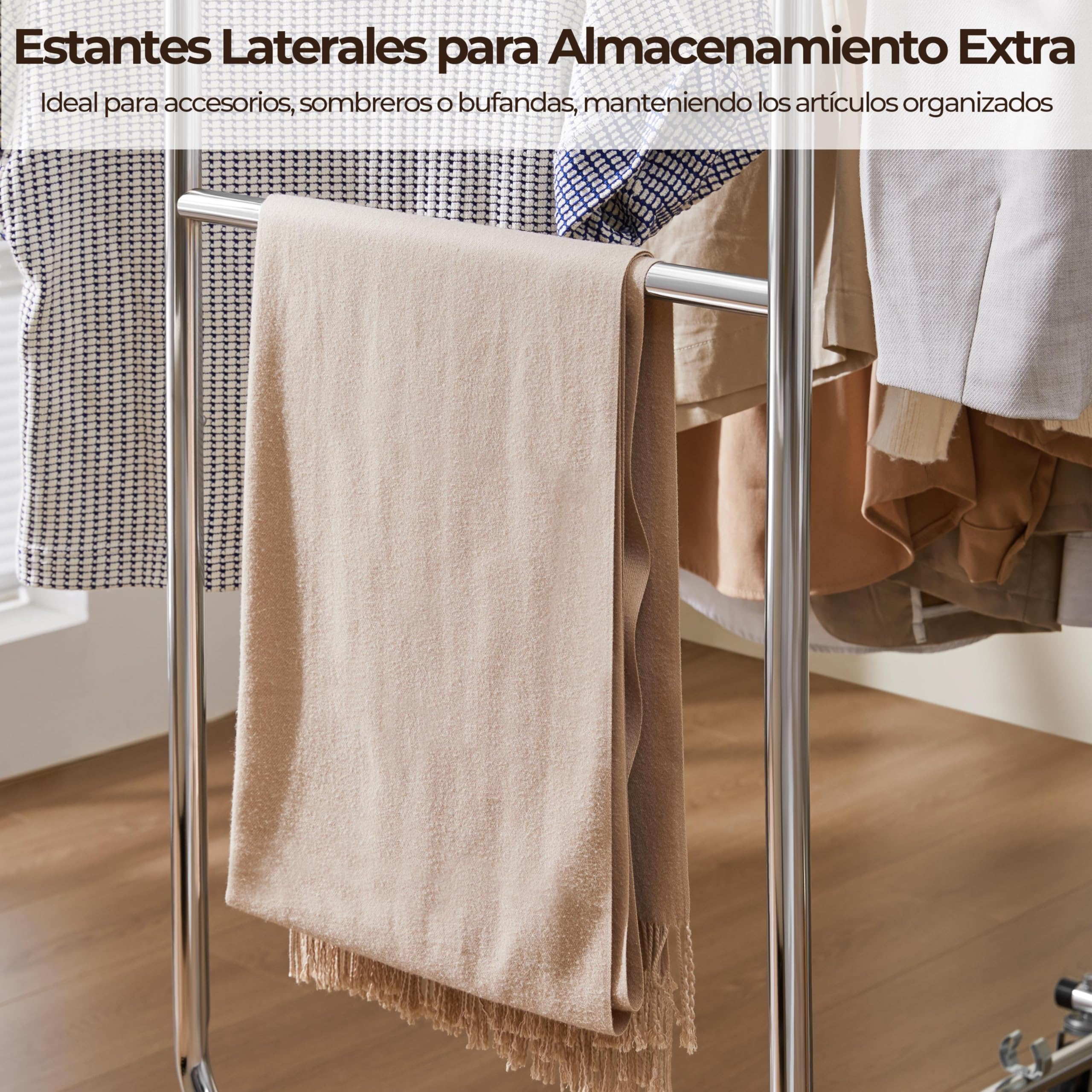 Yaheetech Perchero de Ropa con Ruedas Burro Ropa Resistente Ajustable Plata | 128-188cm Ancho 140-165cm Alto Doble Varilla Extensible Base para Zapatos Soporta 113kg