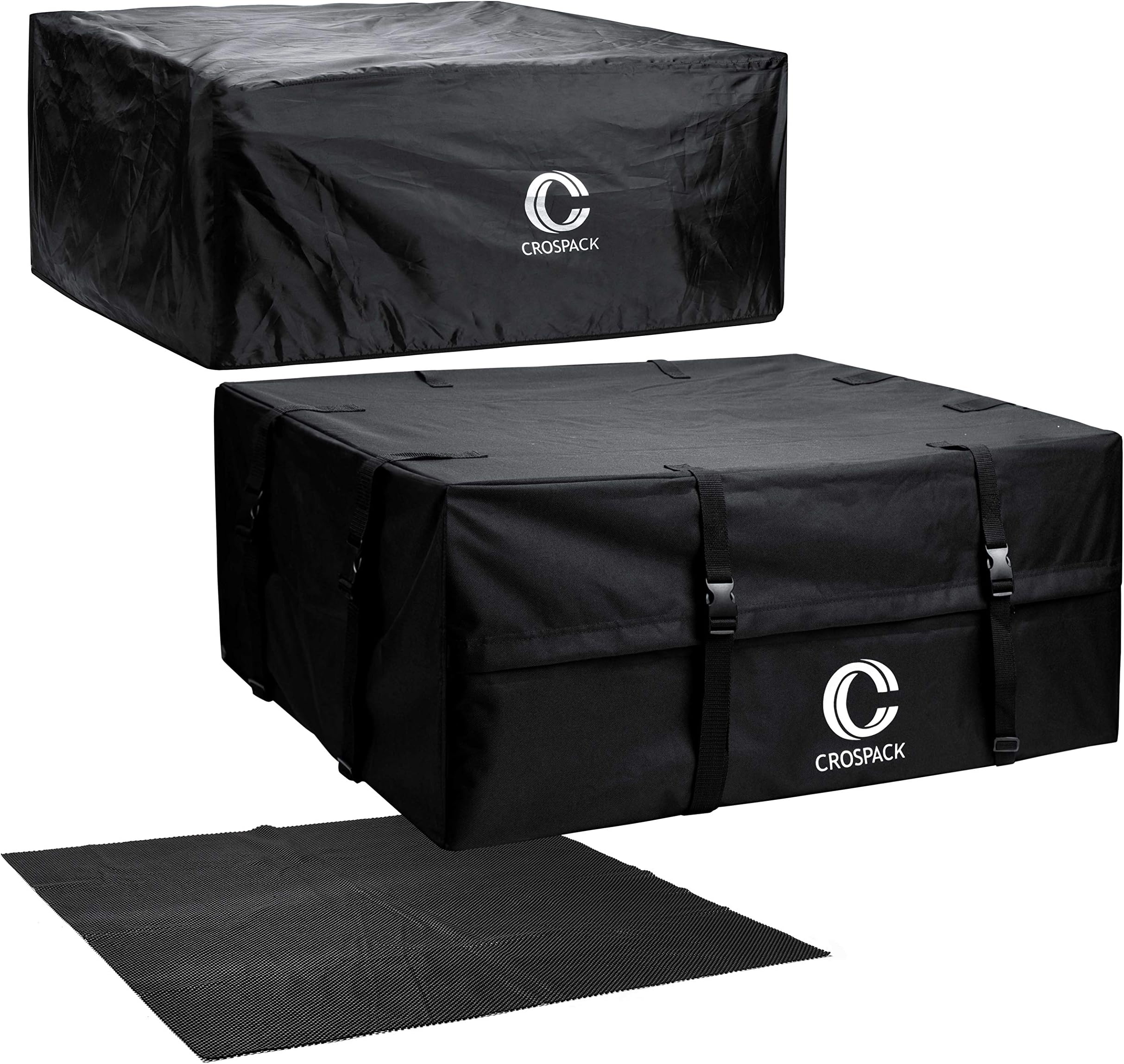 Crospack Cargo Carrier 100% Waterproof, Premium Triple Seal for Maximum Protection,Presentation of Rainproof Cover and mat Rooftop Cargo Top CarrieFits All Cars: with Side Rails Cross Bars or No Rack