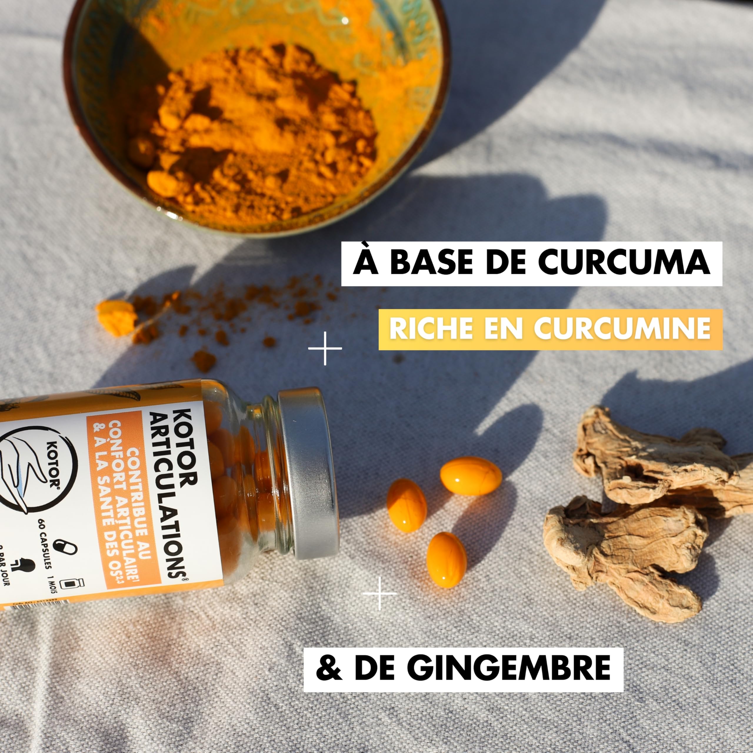 KOTOR ARTICULATIONS | Soulage les Douleurs Articulaires | Santé des Cartilages | Curcuma + Gingembre + Omega 3 + Vitamines C & E + Manganèse | 60 Capsules | 1 Mois | Produit en France