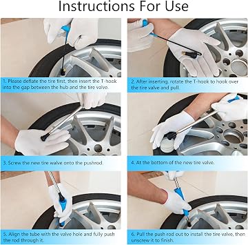 Tyre Valve Change Tool Set Valve Stem Core Quickly Replacement Tool Kit for Cars Trucks ATVS with 4Pcs TR412 Valve Stems, Lubricant Grease & Gloves