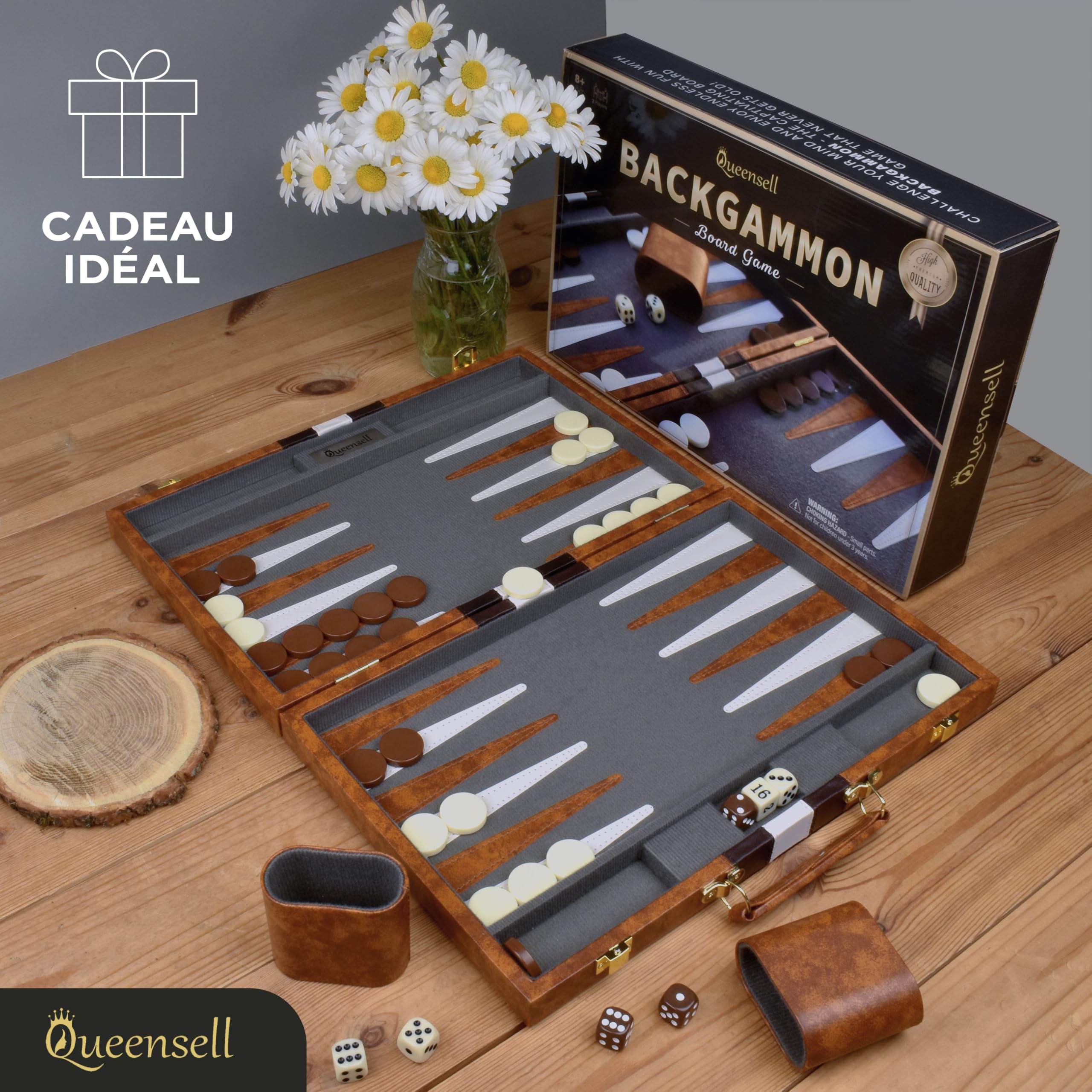 Grand Jeu De Backgammon pour Adultes - Jeux De Société Classiques pour 2 Joueurs Adultes Et Enfants - Jeu De Backgammon Premium avec Plateau 38 Cm Et 32 Pions dans Étui en Cuir PU De Qualité