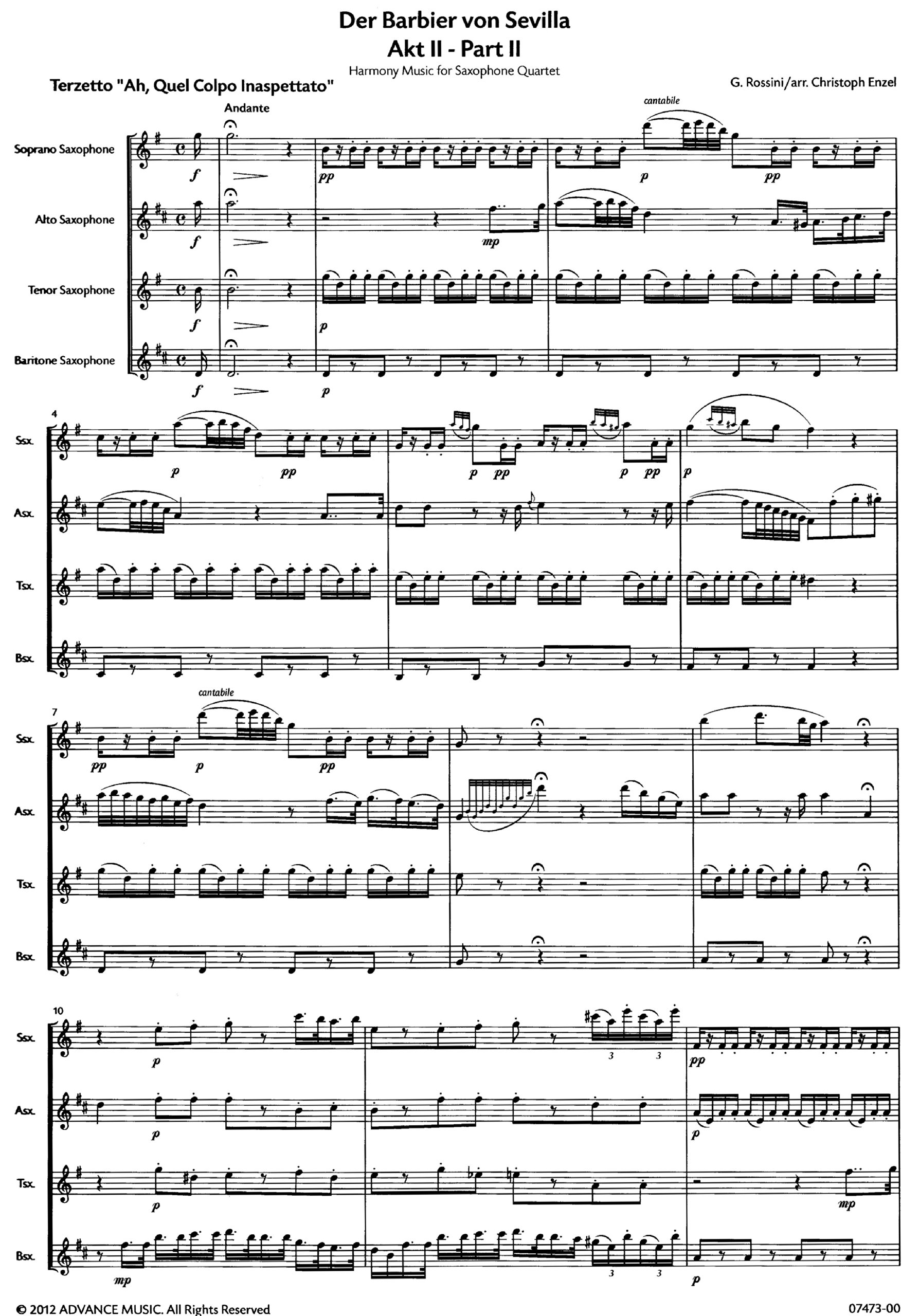 Partition d'opéra pour 4 saxophones SATBar avec parties individuelles Le Barbier de Séville