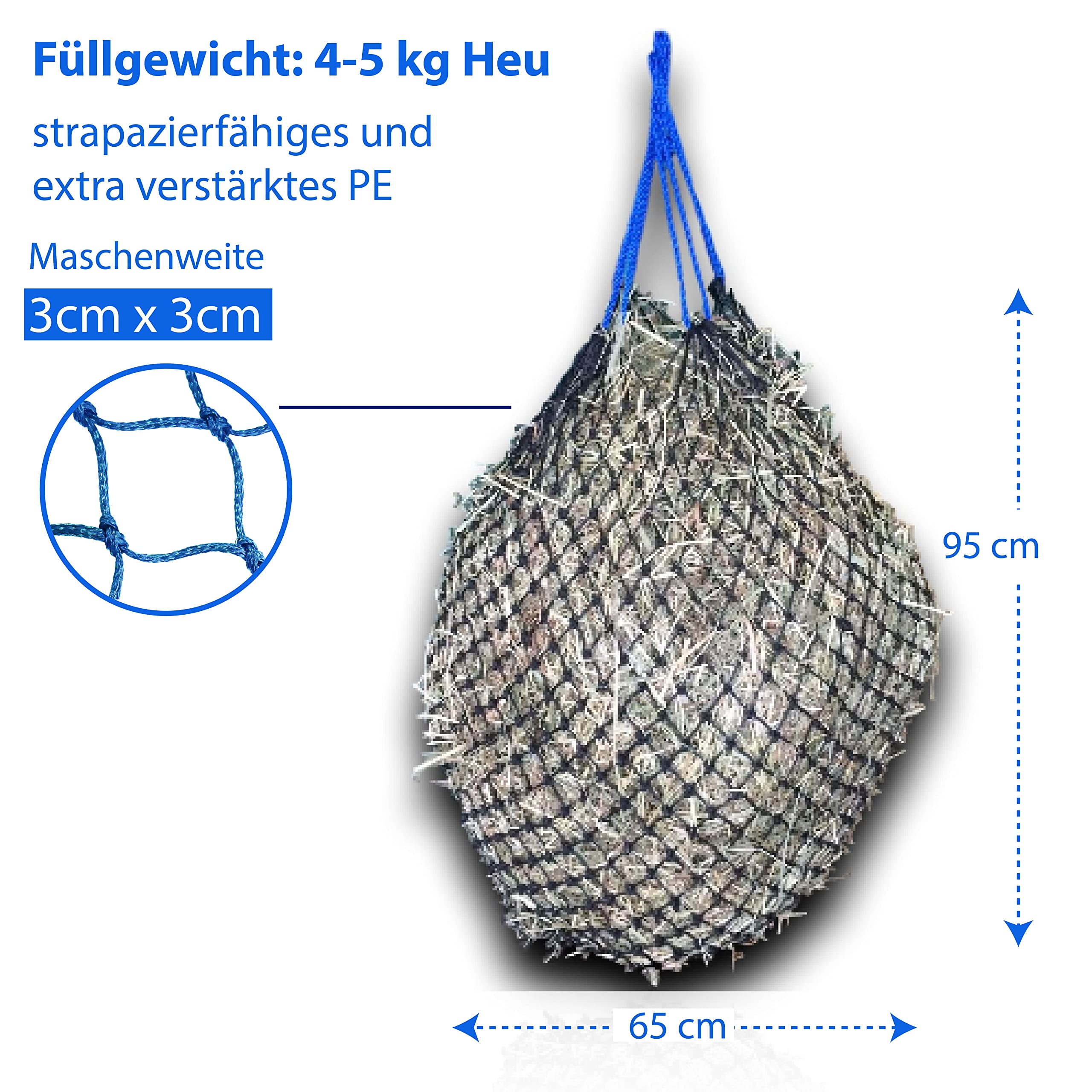 Heunetz Pferde extra engmaschig 3cm Netz 4,5 kg Füllgewicht mit Karabiner