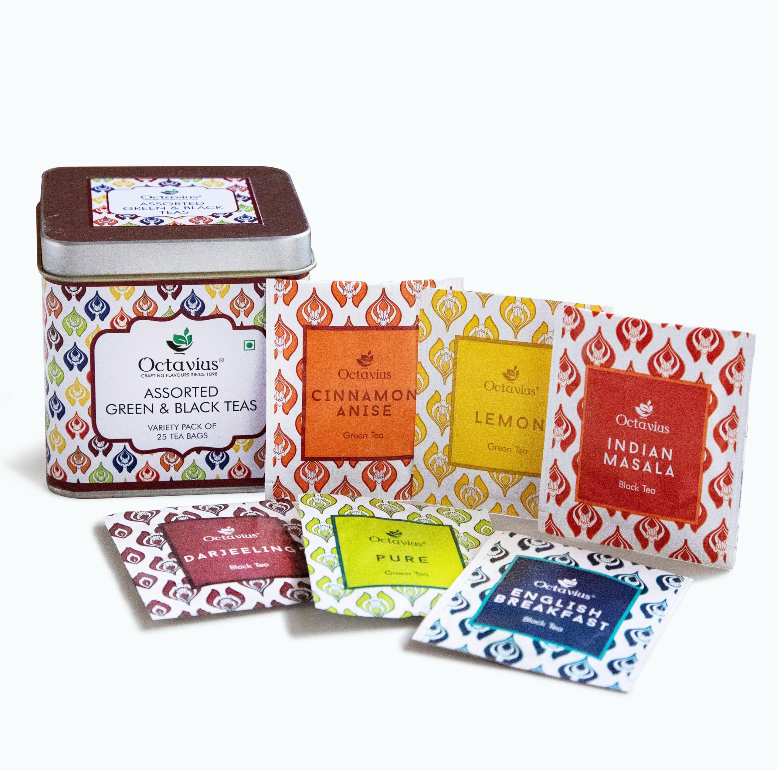 Octavius Tea Bag Gift Box Set | 6 Assorted Tea Flavors in Black & Green Teas in an Elegant Gift Box | Perfect for Gifting | Enveloped Tea Bags for Freshness | Serve Hot or as Iced Tea 25 Tea Bags