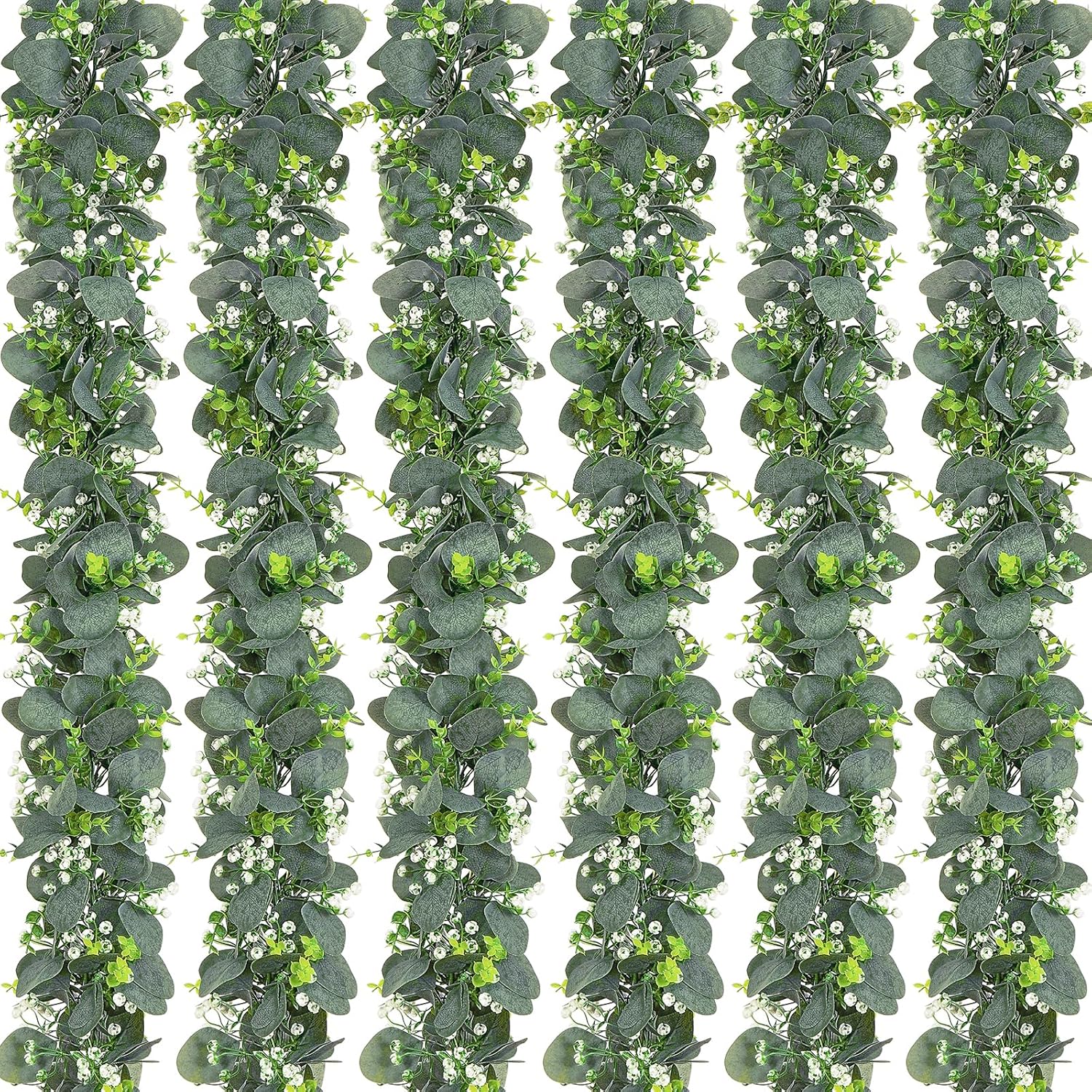 Dolicer 6 Packs 6FT Artificial Eucalyptus Garland, Faux Greenery Garland Fake Vines Hanging Silver Dollar Eucalyptus Leaves for Wedding Backdrop Arch Table Wall Party Home Decor