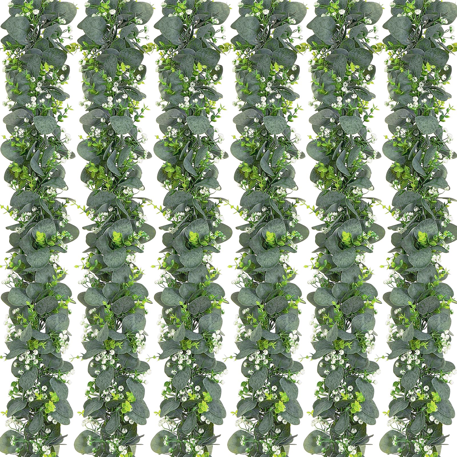 Dolicer Lot de 6 guirlandes d'eucalyptus artificielles de 1,8 m avec graines blanches, fausses guirlandes de verdure à suspendre pour toile de fond de mariage, arche, table, mur, fête, décoration