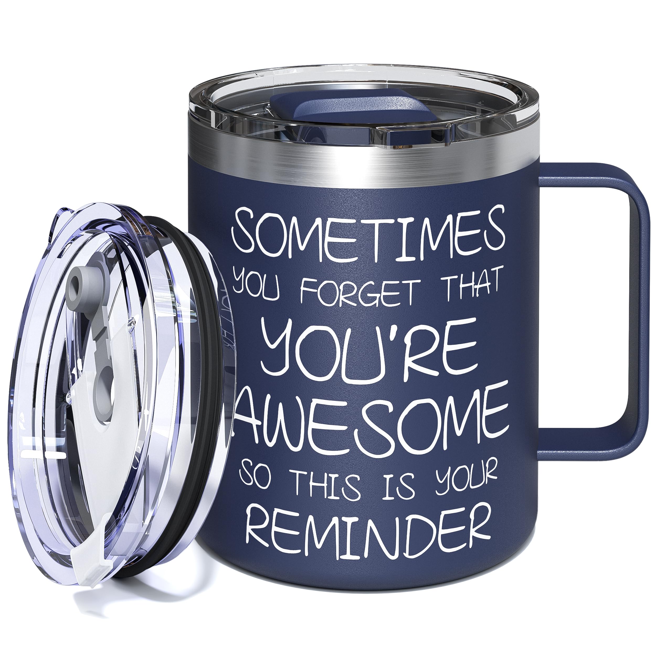 Inspirational Coffee Mug for Men, 12oz Insulated Stainless Steel Mug with Handle &amp; 2 Lids – Sometimes You Forget You’re Awesome, Birthday &amp; Appreciation Gift for Dad, Husband, Him, Navy Blue