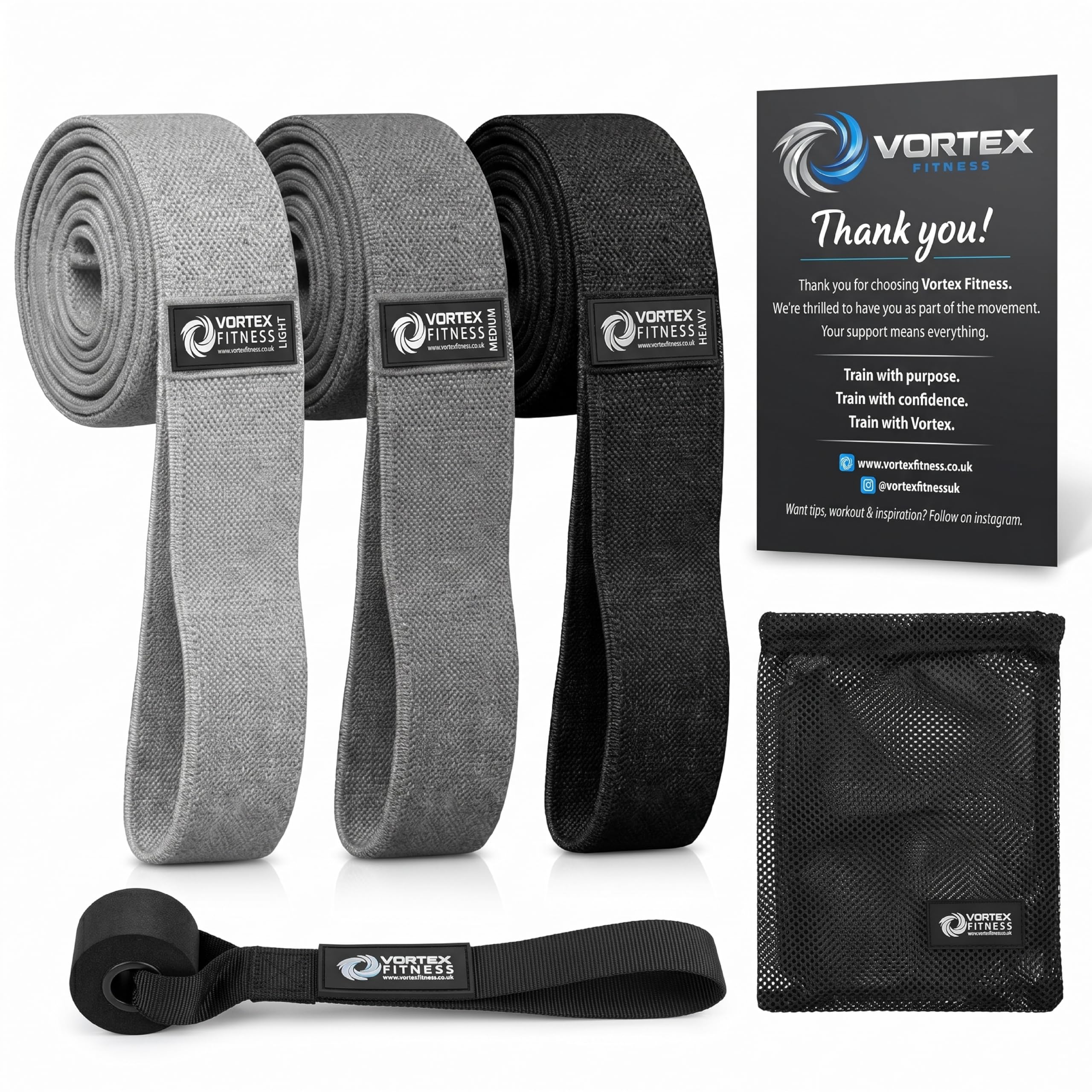 Vortex Fitness Long Resistance Bands Set with Door Anchor – 3 Pack Fabric Exercise Bands for Home Gym Training, Pull Up Assist, Strength & Mobility