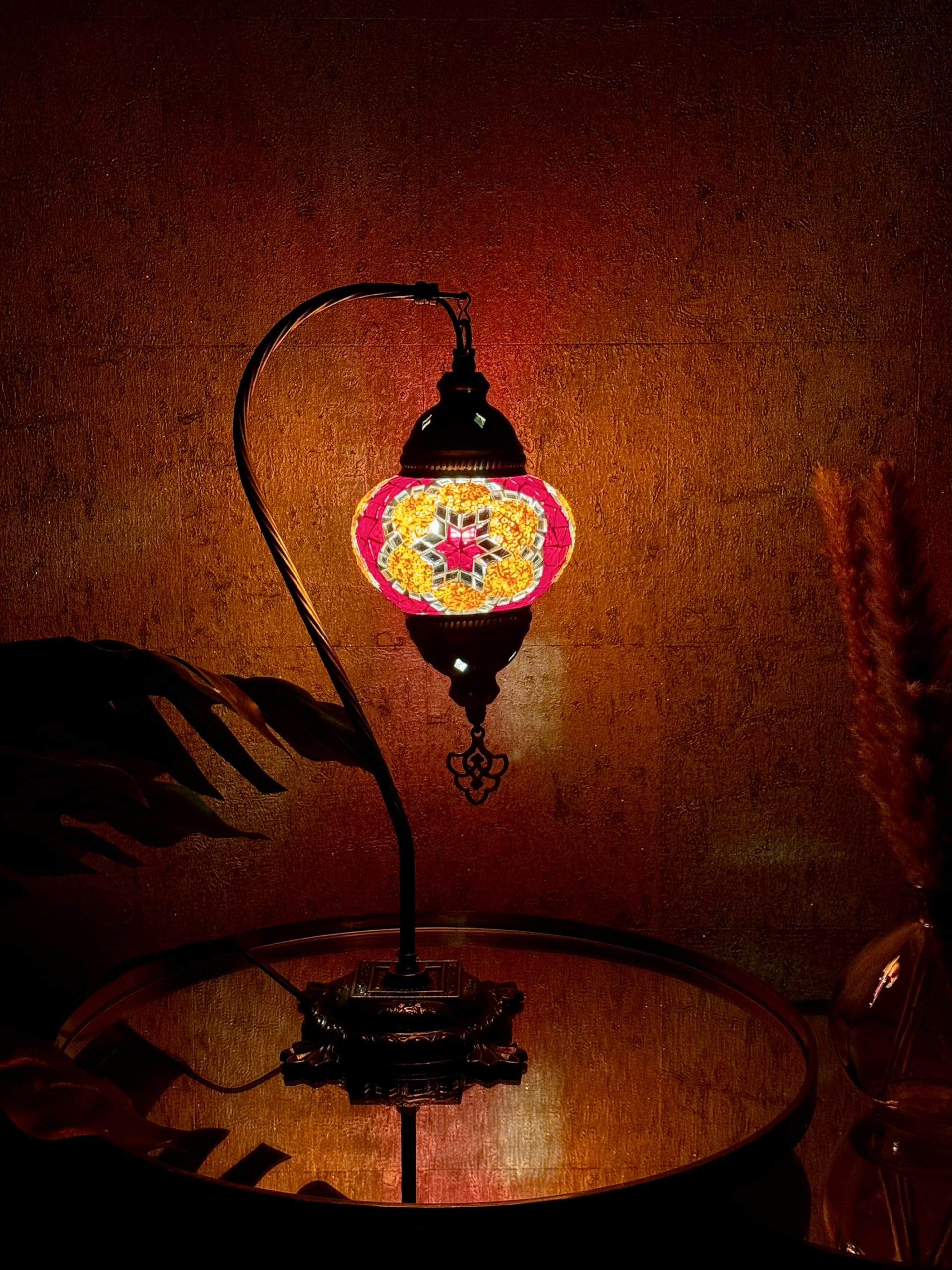 Lightza Handmade Turkish Moroccan Mosaic Desk Lamp LED Bulb | Swan Neck Unique Globe Lampshade Table Light | UK Tested Safe Energy Efficient (Red & White Star) — image 1