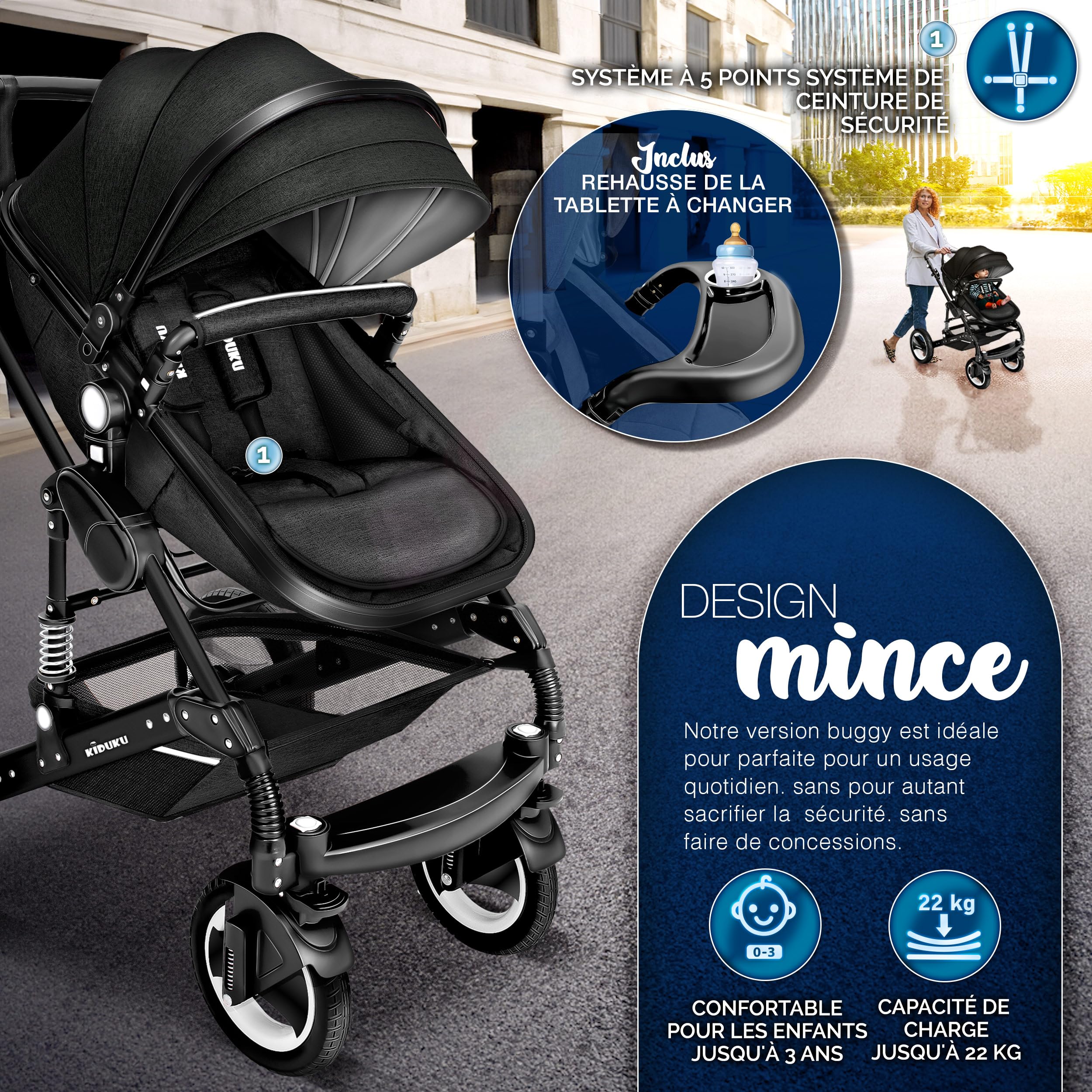 KIDUKU Poussette Combinée 3 en 1 Trio Siège Auto Légère Pliable Nacelle Souple Convertible Set de Voyage Noir