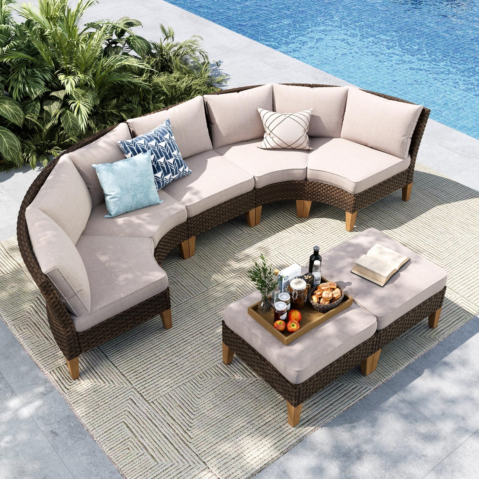 MFSTUDIO 7 Pieces Wicker Patio Furniture Set, All-Weather Rattan Outdoor Conversation Half-Moon Curved Sectional Sofa Set for Garden, 4 x Curved Sofa,