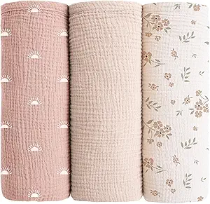 Konssy Muslin Swaddle Blankets for Baby Girls Boys, 3 Pack Receiving Blanket Large 47 x 47 inches, Soft Breathable Muslin Baby Blanket for Unisex Newborn (Peach Blossom Sun)