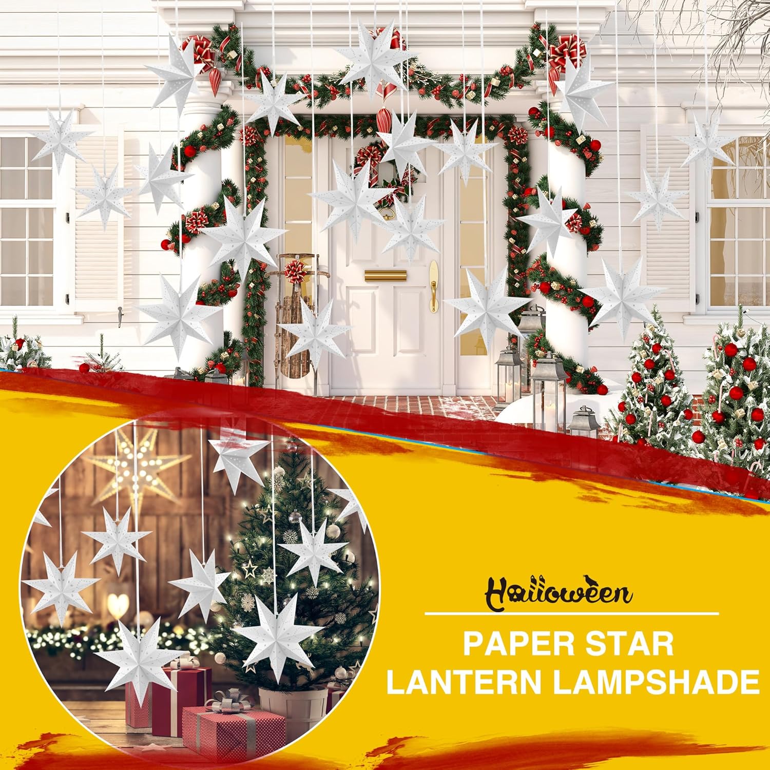 12 Pack 3D Paper Stars Hollow Out 18 Inch/ 14 Inch/ 12 Inch/ 10 Inch 7 Pointed White Hanging Paper Star Lanterns Lampshade for Christmas Wedding Party Home Decor, 4 Size