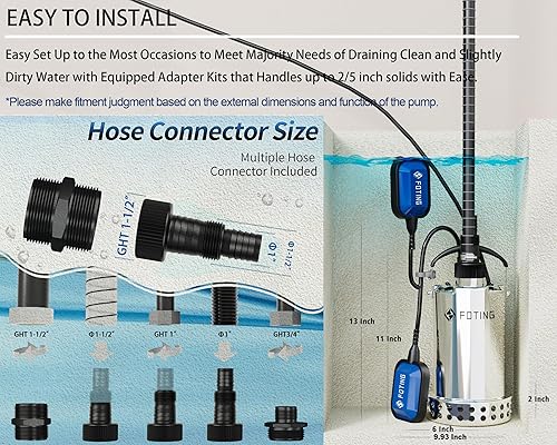 Miniatura 6 de FOTING Bomba de sumidero de acero inoxidable 304 completa con interruptor de flotador, bomba de agua sumergible automática de 1 HP 4600 GPH,