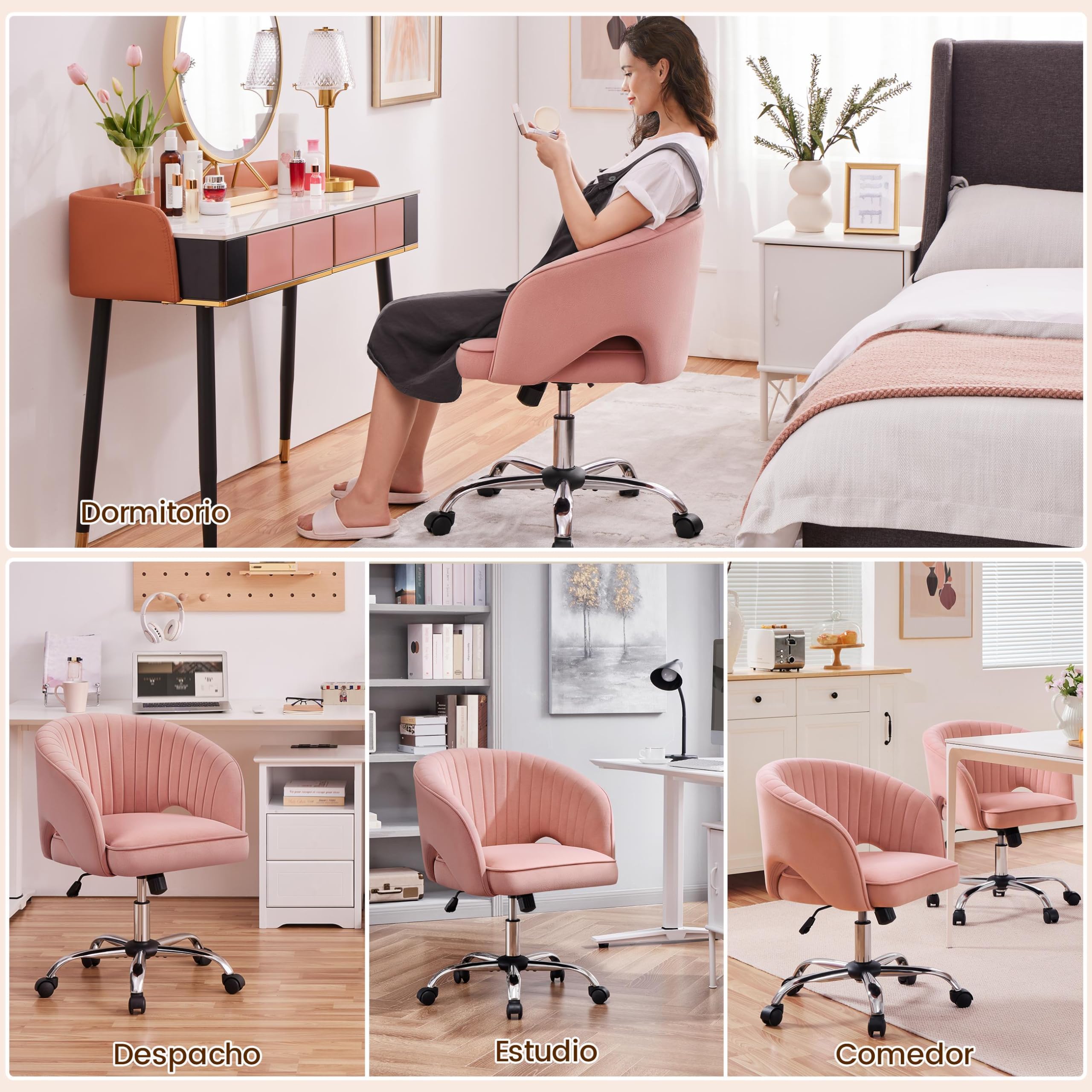 Yaheetech Silla de Oficina Silla de Terciopelo con Rudas Giratorias de 360° con Función de Inclinación Sillon para Trabajo Silla Altura Ajustable Tapizada de Terciopelo Rosa