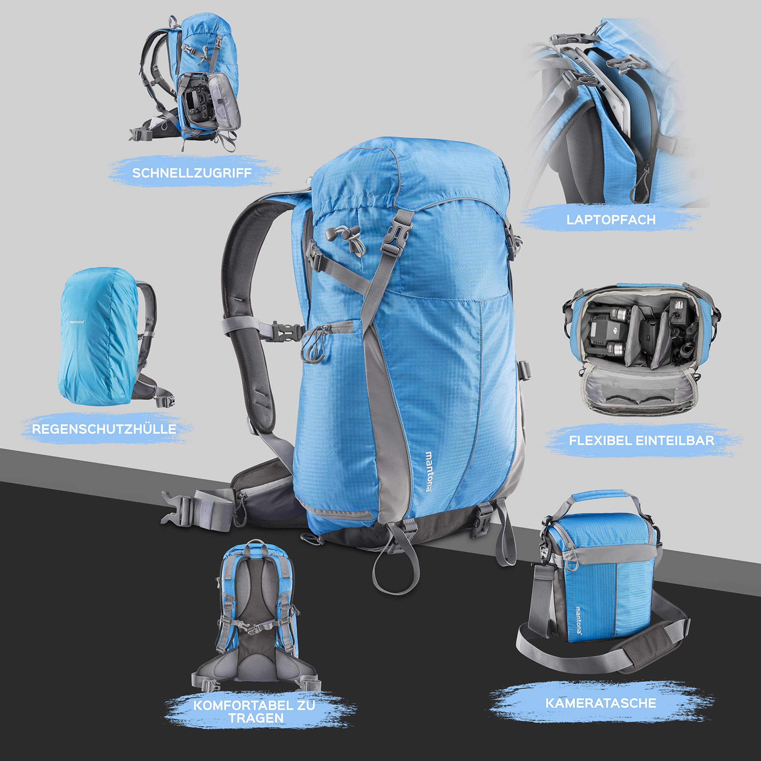 Mantona Elements Outdoor Zaino blu 2in1 per fotocamera e trekking, borsa fotografica con scomparti imbottiti per DSLR, drone, con supporto treppiede e copertura antipioggia