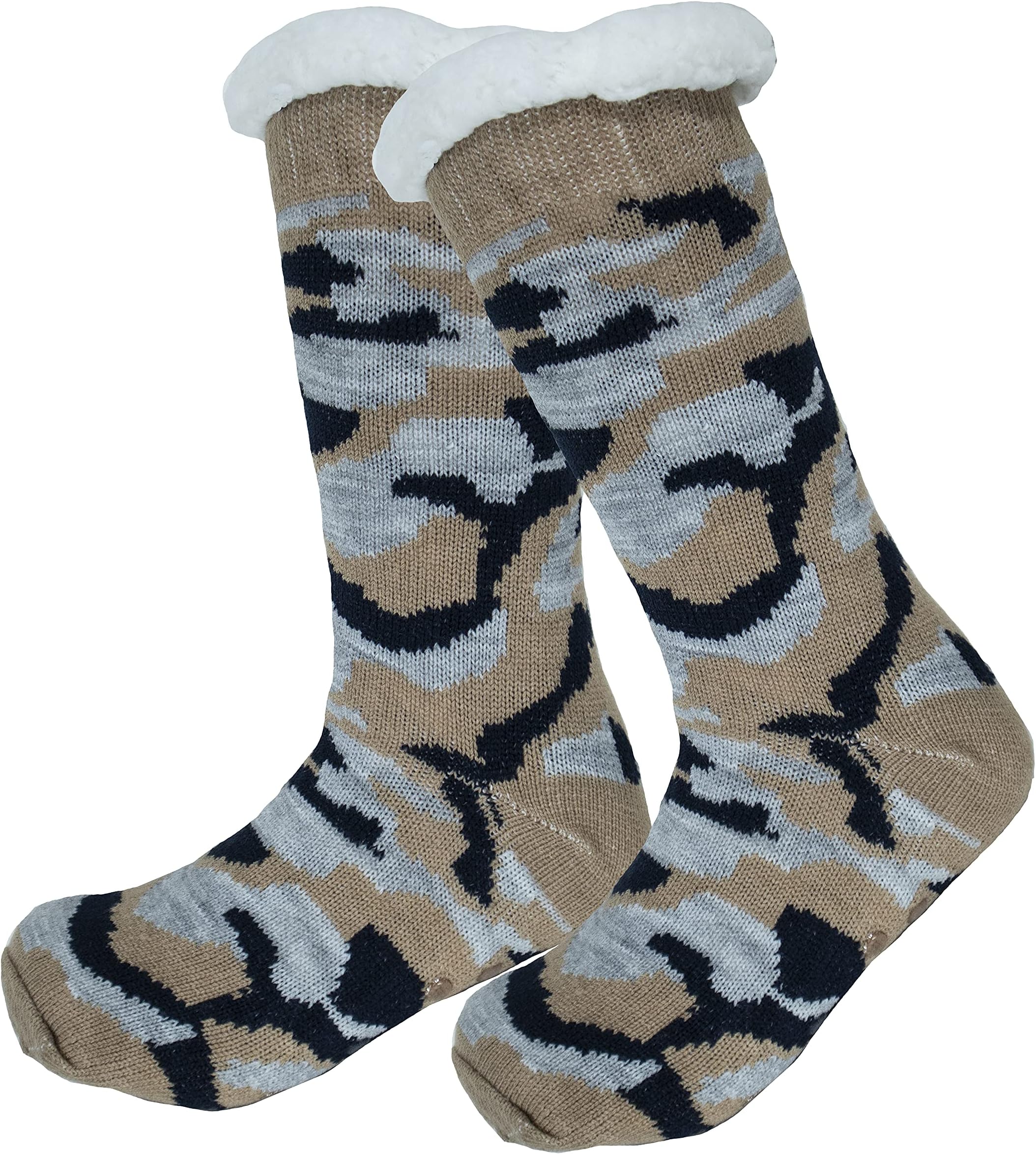 Heat TrendzSherpa Slumber Slipper Socks Warm Cozy Soft Winter Adult Non Slip Christmas Holidays Design, Men, Women, 70043_CAMO_3.00_BKGRUG, Camo, Black, Grey, Brown 1, One Size