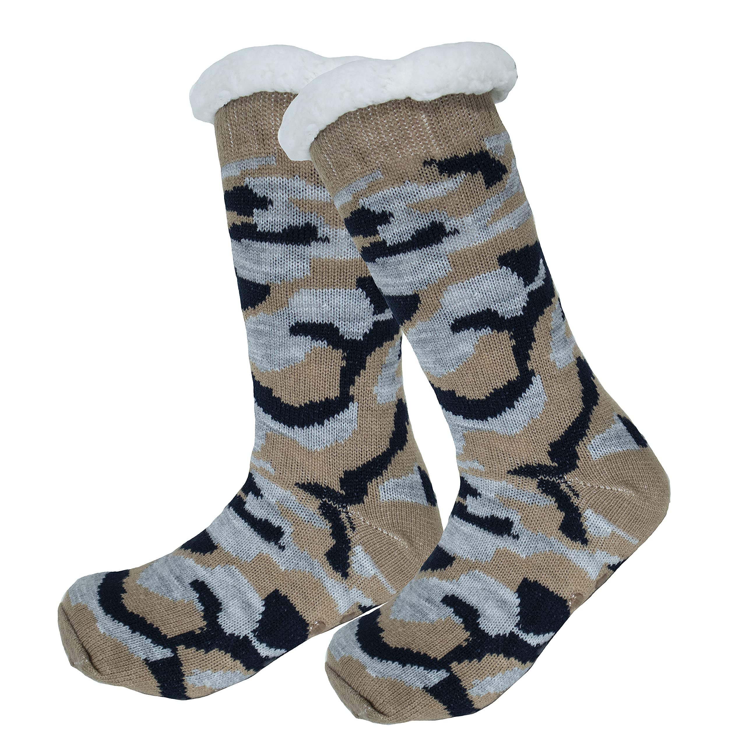 Heat TrendzSherpa Slumber Slipper Socks Warm Cozy Soft Winter Adult Non Slip Christmas Holidays Design, Men, Women, 70043_CAMO_3.00_BKGRUG, Camo, Black, Grey, Brown 1, One Size