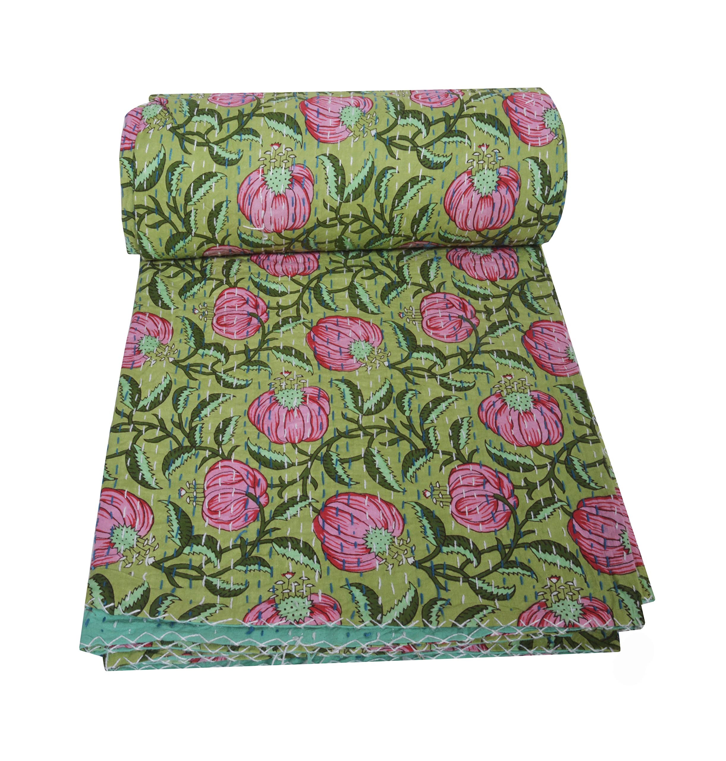 V Vedant Designs Indian Handmade Cotton Kantha Quilt, Floral Print Reversible beeding Kantha Coverlet (Twin)