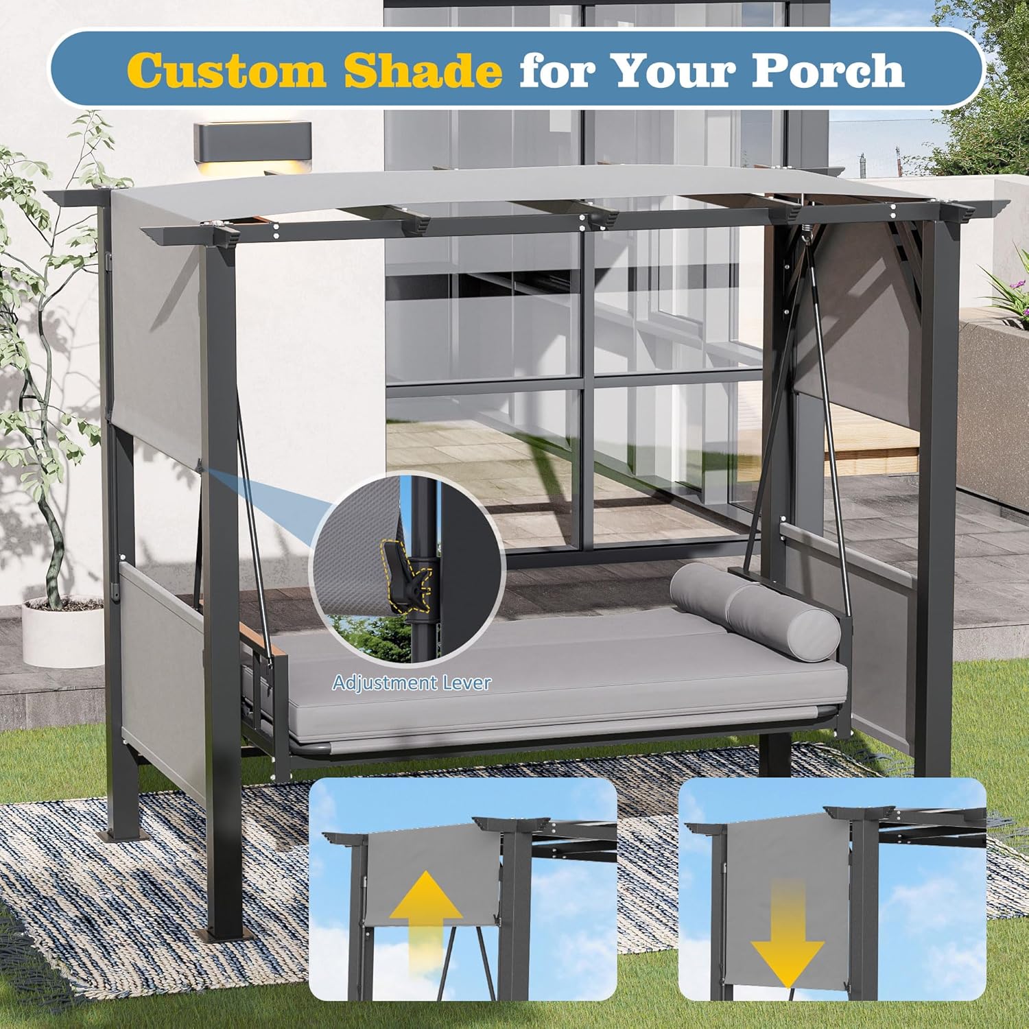 2-in-1 Convertible Patio Swing Bed with Stand & Adjustable Canopy - 3-Seat Outdoor Hanging Hammock Chair with Thickened Cushion for Porch, Backyard, Garden (Heavy Duty)