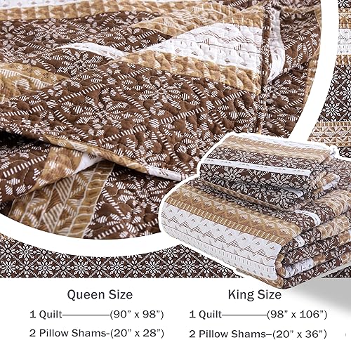 Miniatura 5 de Edredón tamaño King  Colcha a rayas marrón y blanco, tamaño King, colcha geométrica vintage King, ropa de cama bohemia 100% algodón, juego de