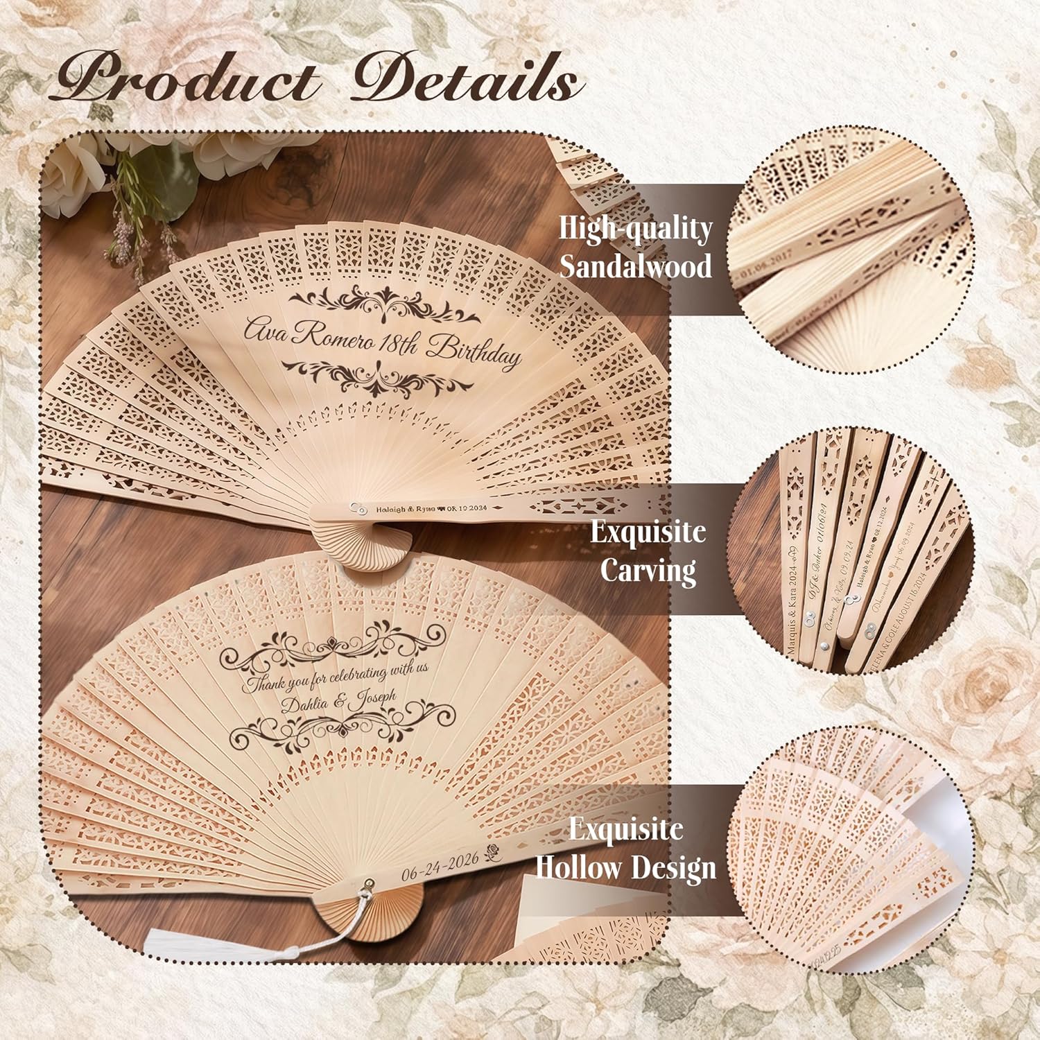 Personalized Wedding Fans for Guests Custom Wooden Folding Hand Fans Bulk Personalized Hand Fans Wedding Favors with Organza Bags & Tassels Custom Fans for Wedding Bridal Shower Party Gifts (50)