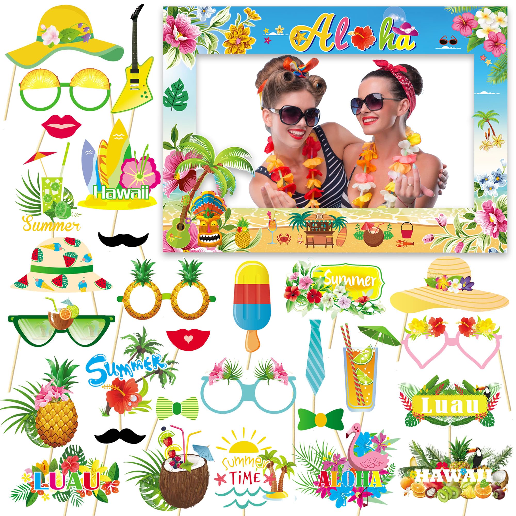 Photo 1 of DWDZLXZ Hawaiian Party Photo Booth Props Kit with Frame