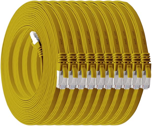 1aTTack.de 0,25m - gelb - 10 Stück Cat7 Flachkabel Netzwerkkabel Cat 7 Rohkabel Gigabit Lan (10Gbit/s) Flachbandkabel Verlegekabel Patchkabel Flach Slim Rj 45 Stecker Cat6a - 1