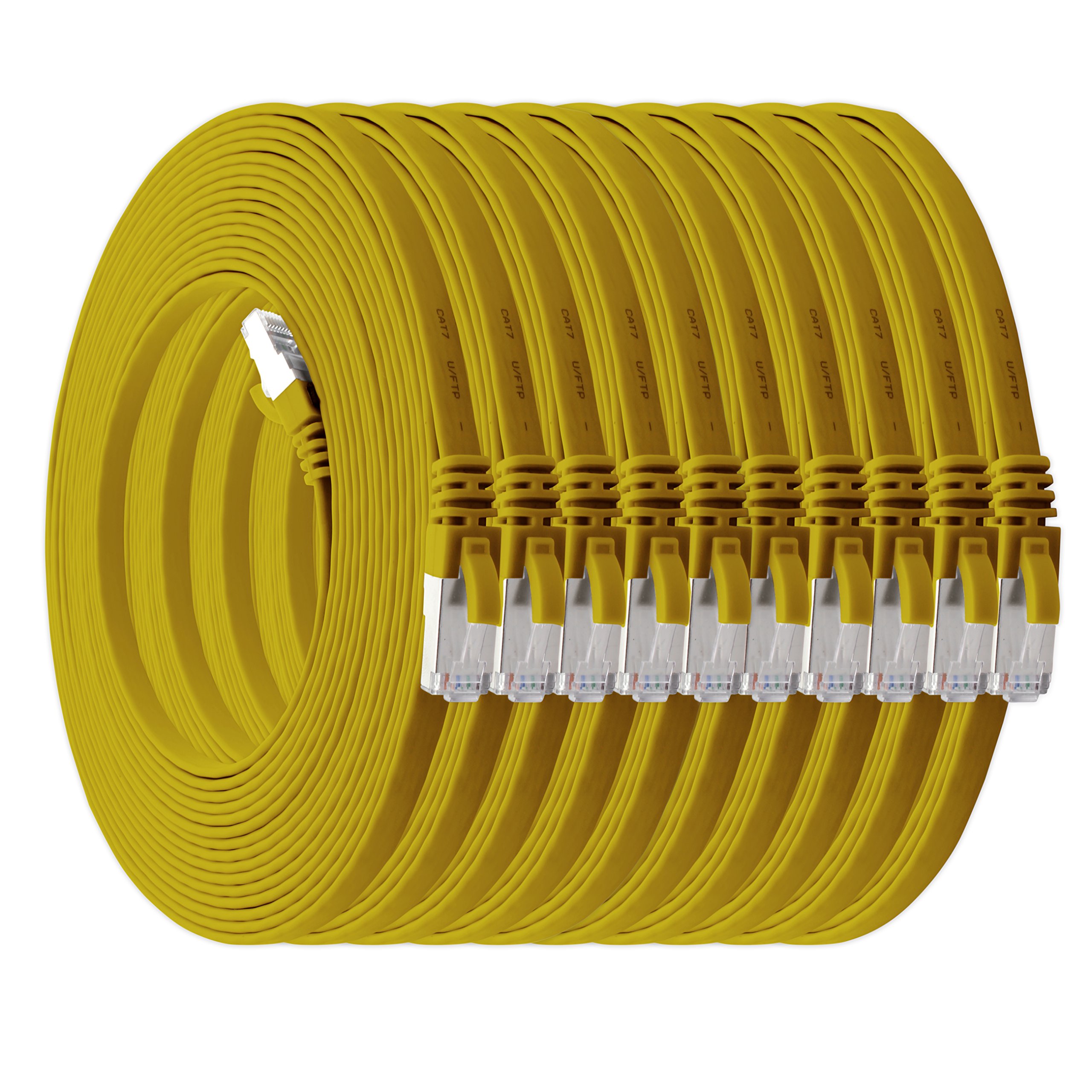 1aTTack.de 0,5m - gelb - 10 Stück Cat7 Flachkabel Netzwerkkabel Cat 7 Rohkabel Gigabit Lan (10Gbit/s) Flachbandkabel Verlegekabel Patchkabel Flach Slim Rj 45 Stecker Cat6a